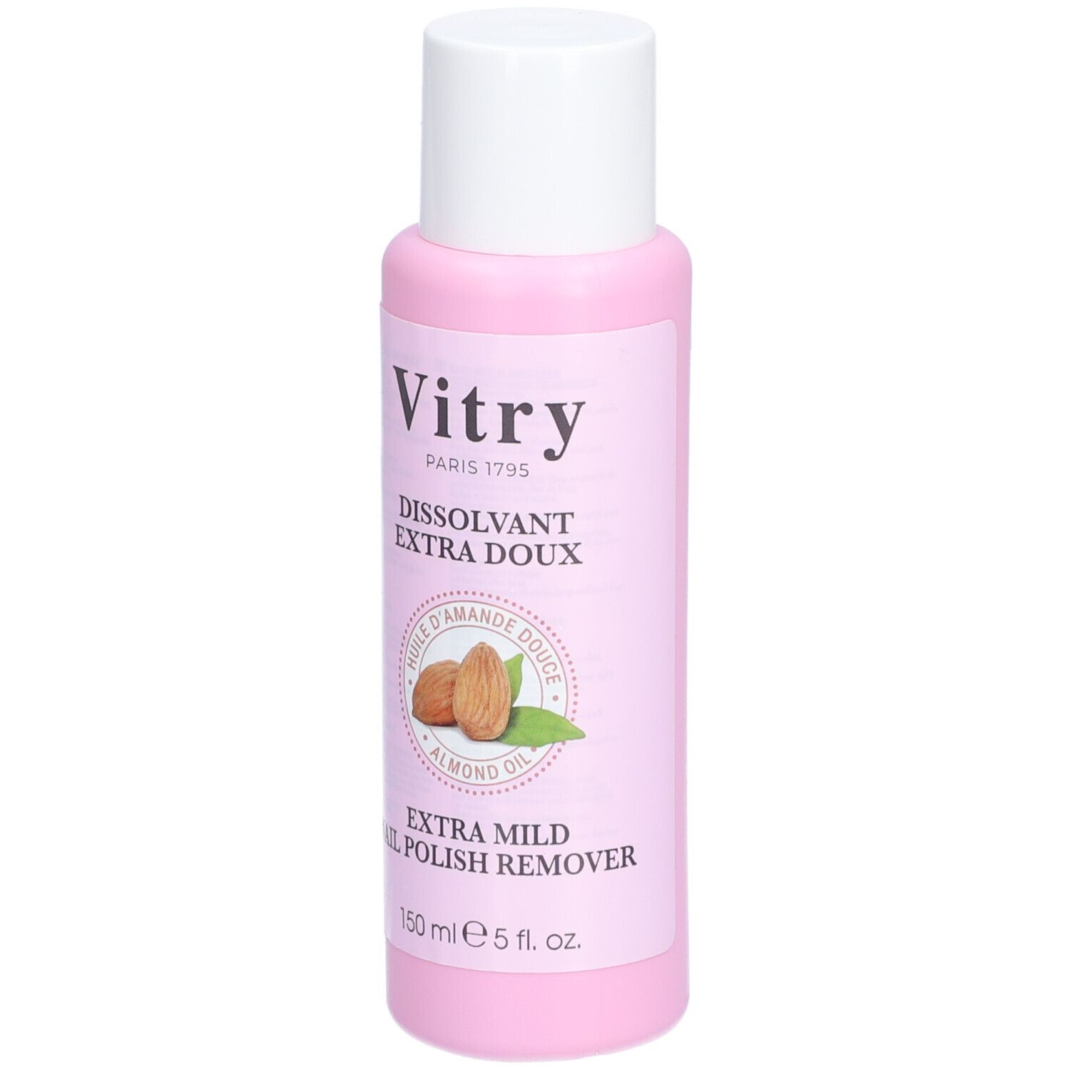 Flacon rose à bouchon blanc. Inscription: Vitry, Dissolvant Extra Doux, huile d'amande douce. Extra Mild Nail Polish Remover.