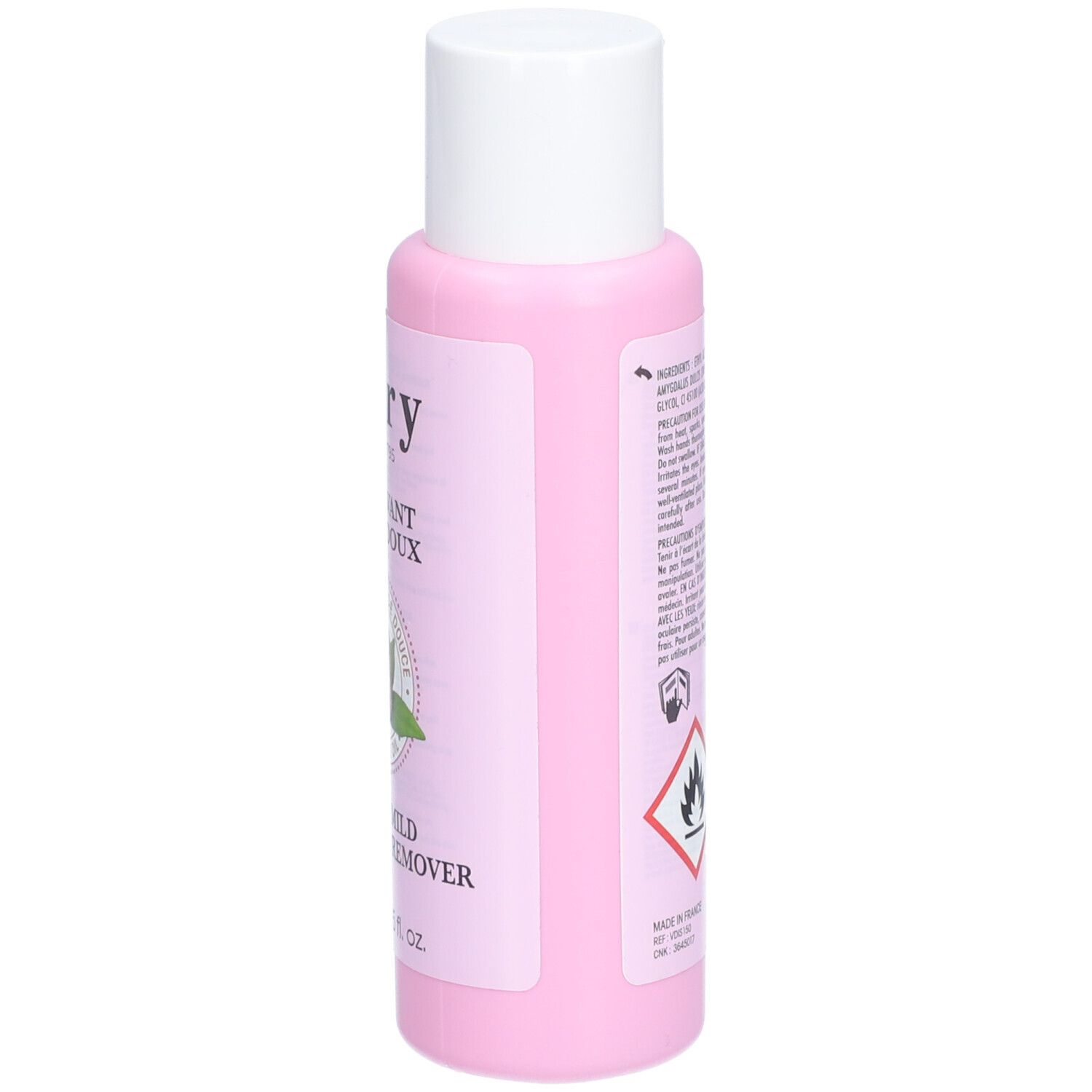 Côté du flacon rose à bouchon blanc. Texte et symboles. Avertissement.