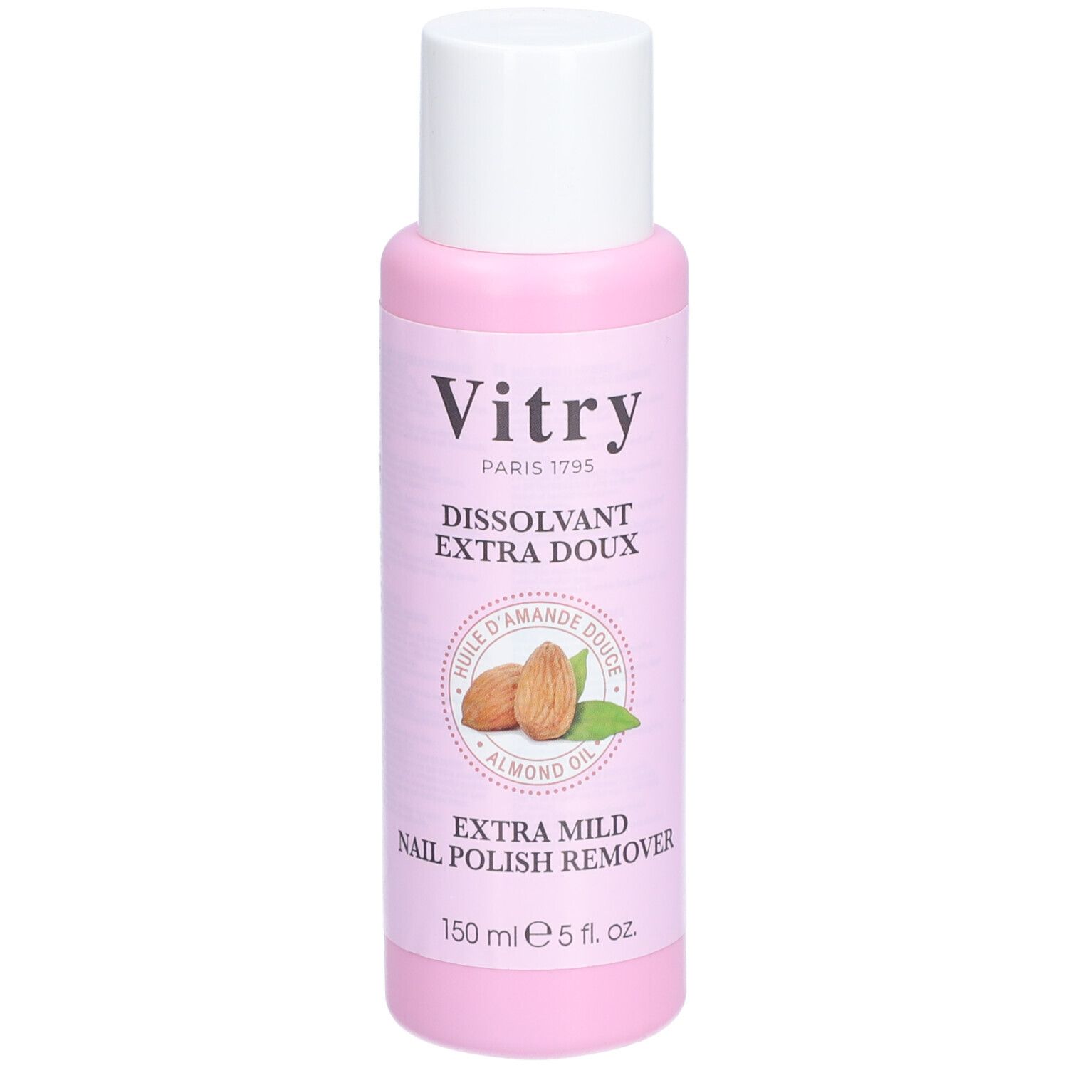 Flacon rose à bouchon blanc. Inscription: Vitry, Dissolvant Extra Doux, huile d'amande douce. Extra Mild Nail Polish Remover.