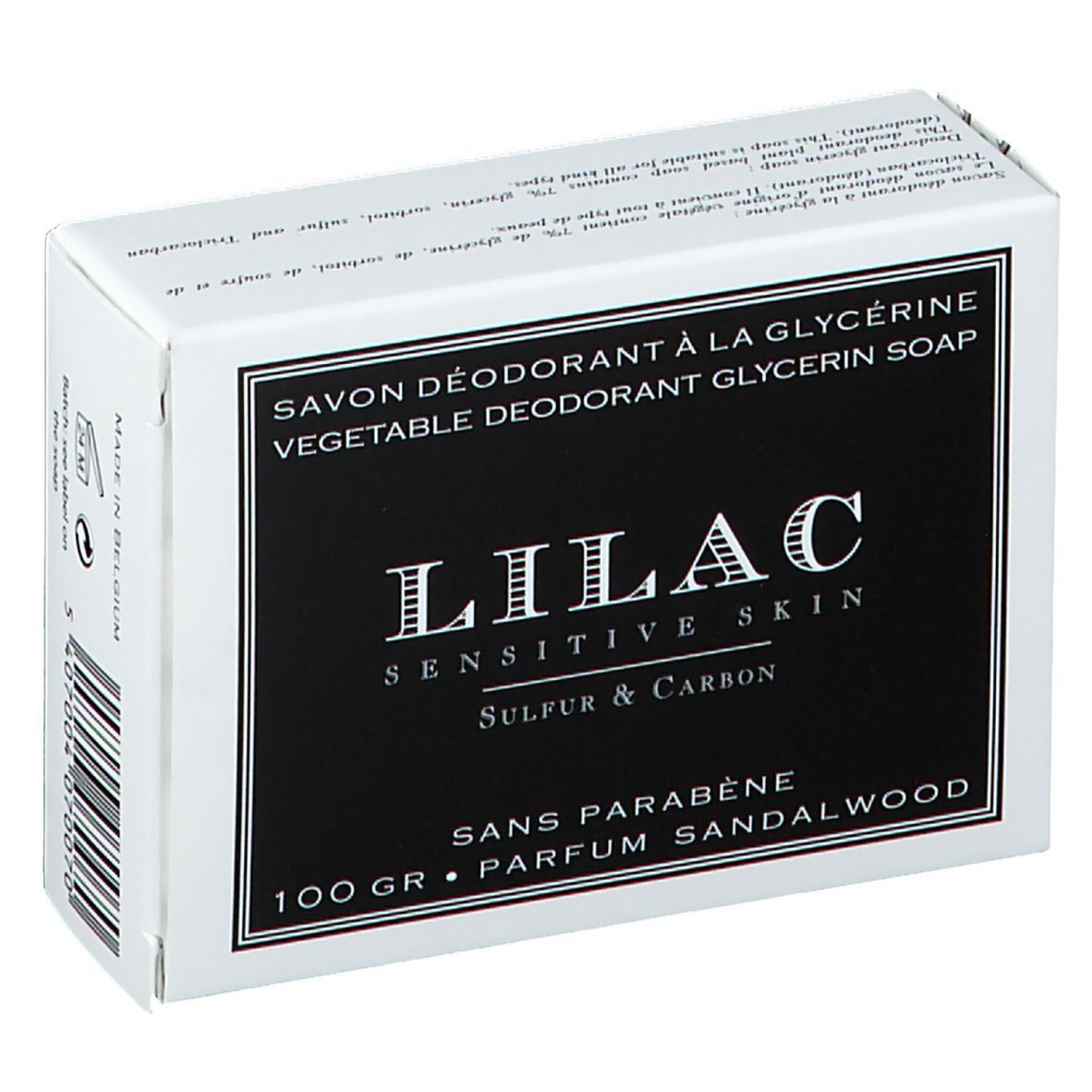 Boîte blanche avec étiquette noire. Inscription: LILAC, Sensitive Skin, Sulfur & Carbon. Texte: Savon Déodorant à la Glycérine.
