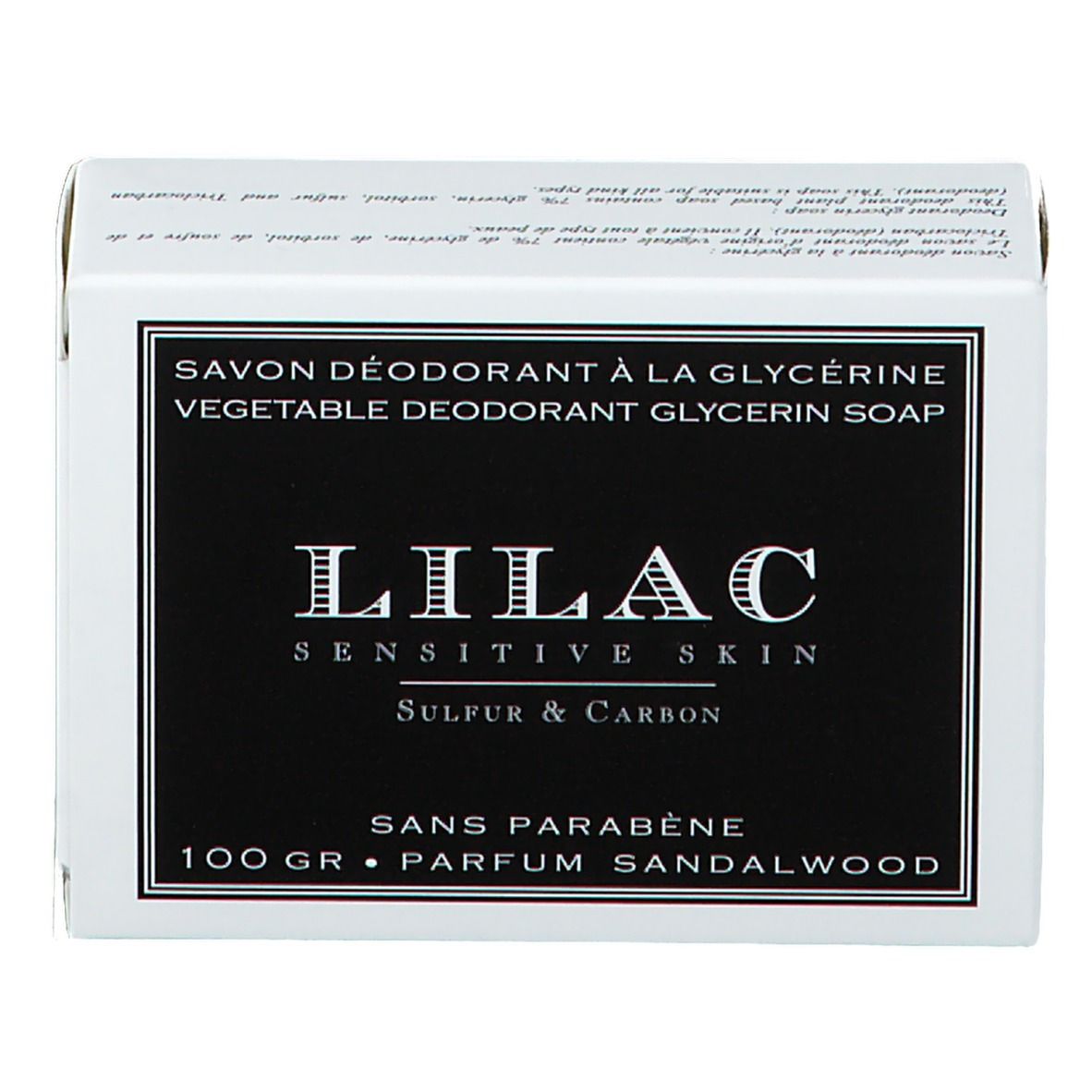 Boîte blanche avec étiquette noire. Inscription: LILAC, Sensitive Skin, Sulfur & Carbon. Texte: Savon Déodorant à la Glycérine.