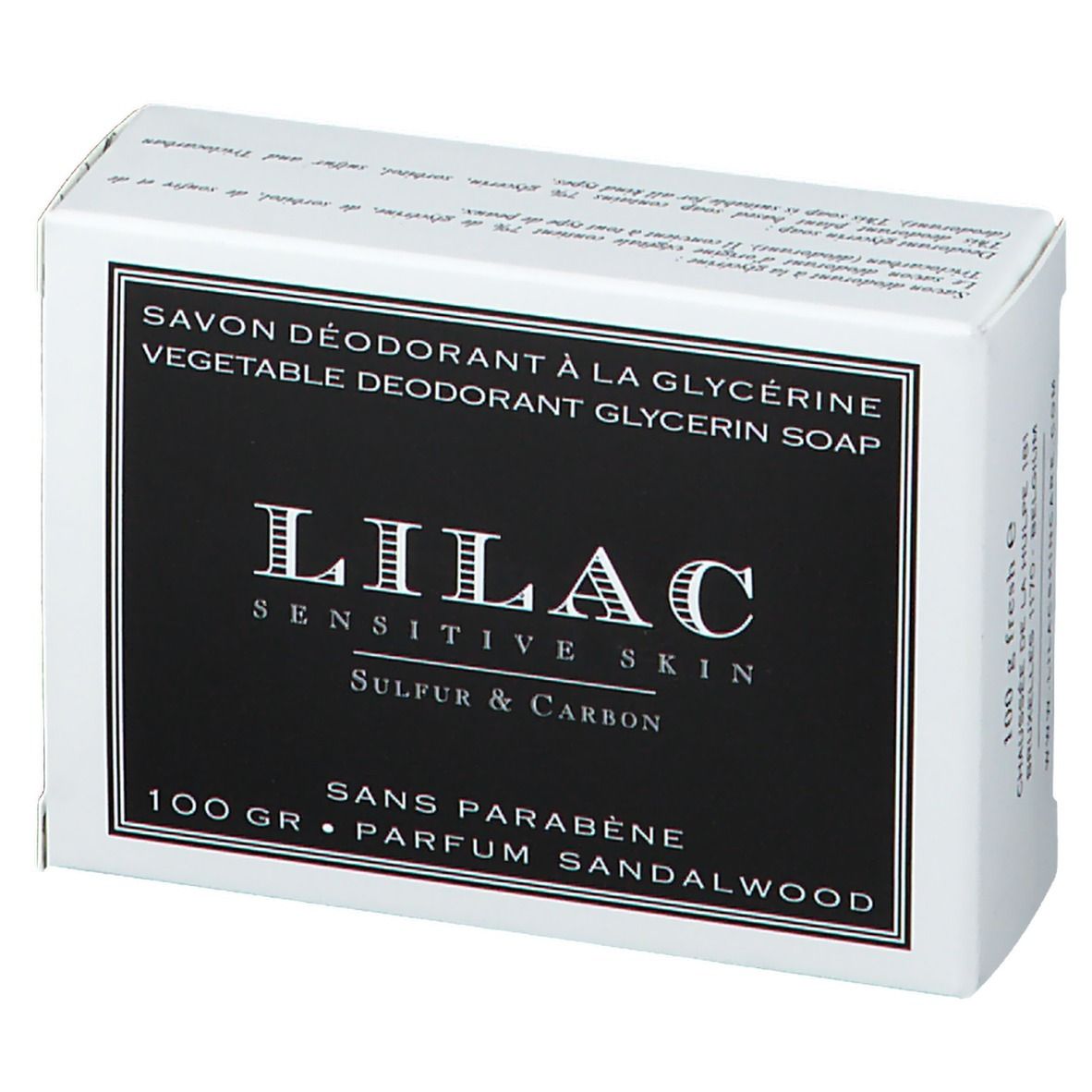 Boîte blanche avec étiquette noire. Inscription: LILAC, Sensitive Skin, Sulfur & Carbon. Texte: Savon Déodorant à la Glycérine.