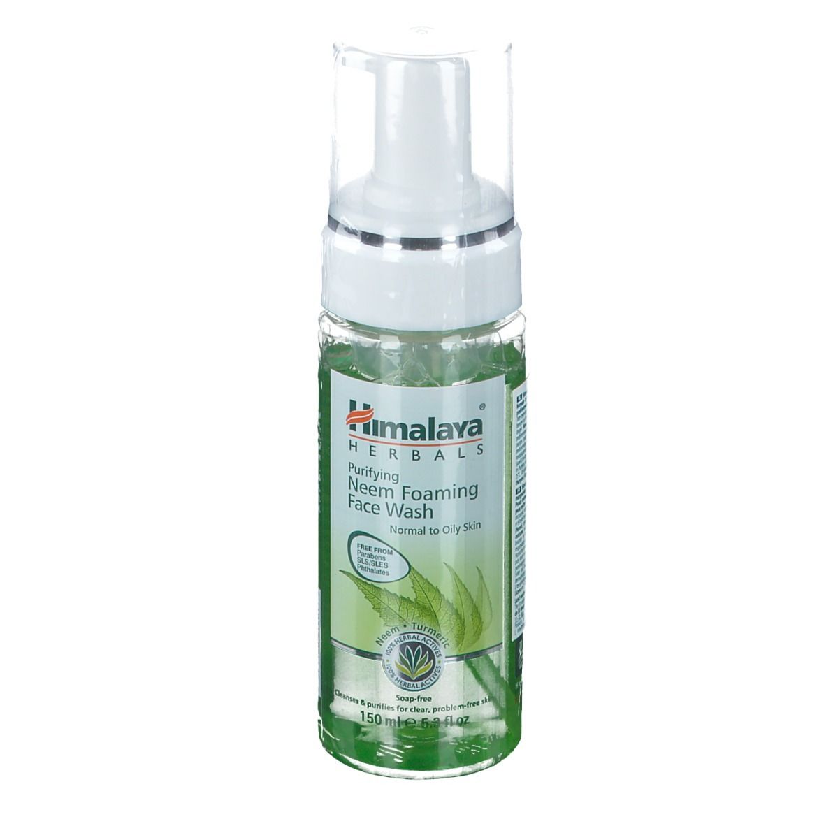 Flacon transparent avec pompe blanche. Inscription: Himalaya Herbals, Purifying Neem Foaming Face Wash. Pour peaux normales à sèches.