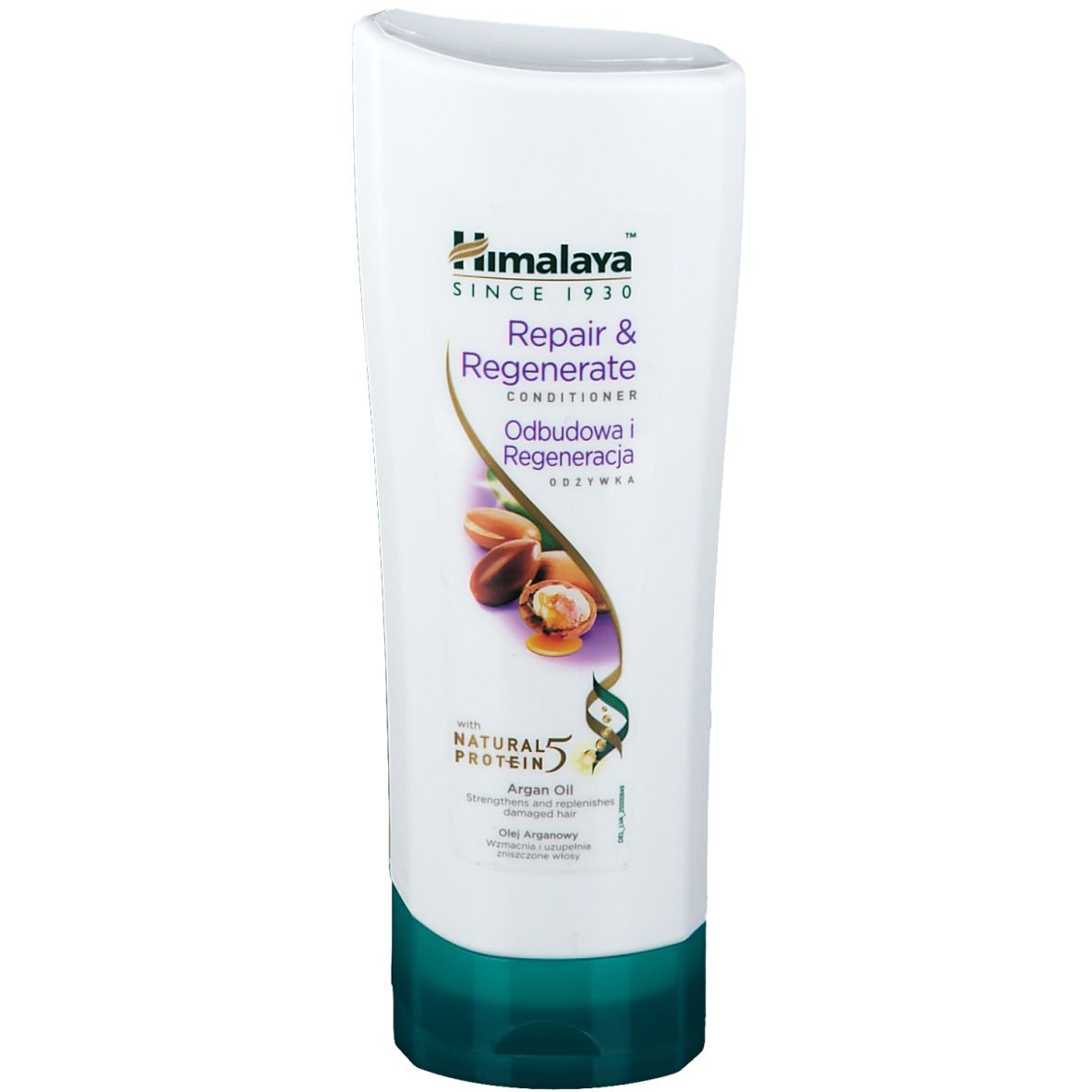 Tube blanc et vert avec texte. Himalaya, Repair & Regenerate Conditioner, huile d'argan. Illustration de fruits d'argan.