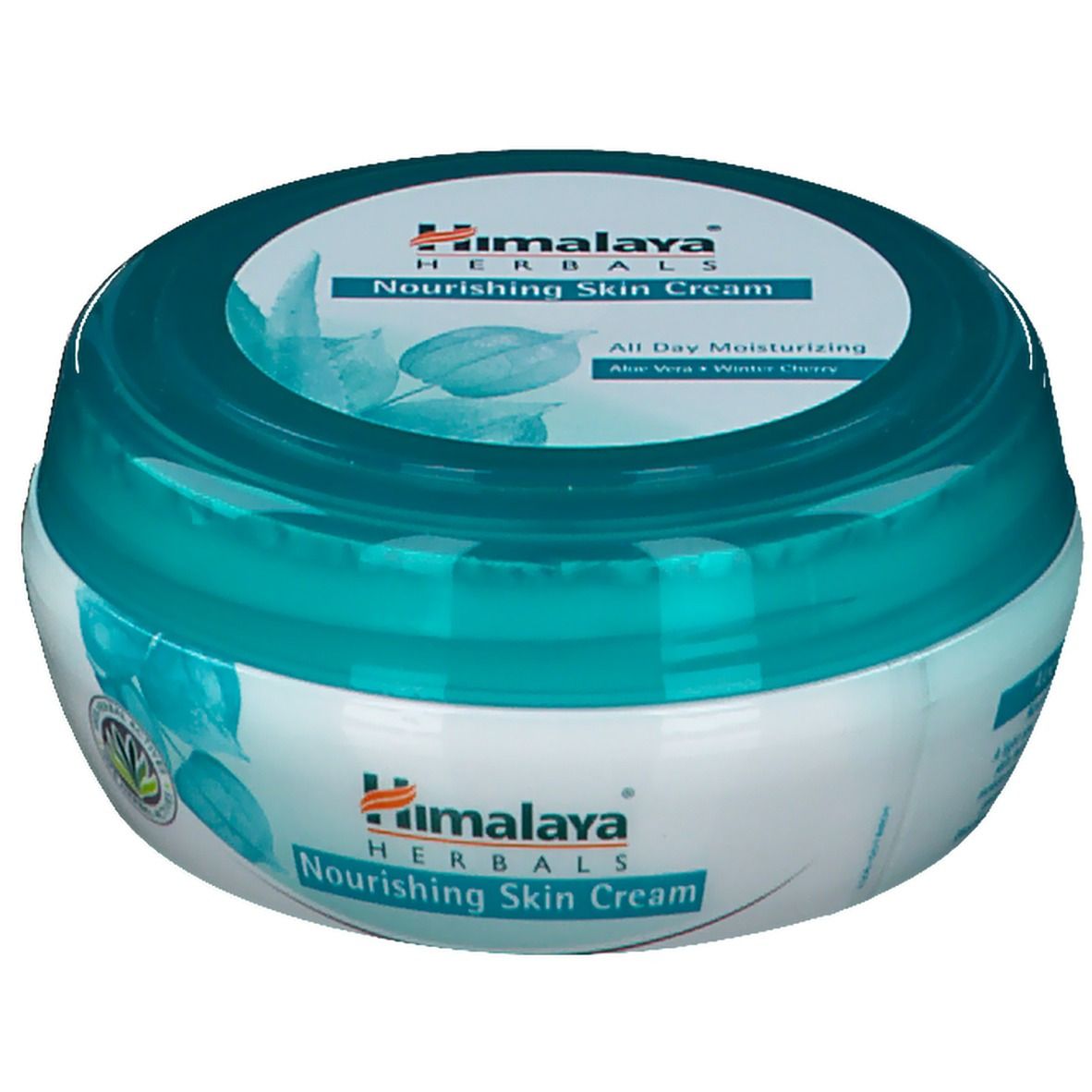 Pot rond avec couvercle bleu. Inscription : Himalaya Herbals Nourishing Skin Cream. Avec Aloe Vera et Winter Cherry.