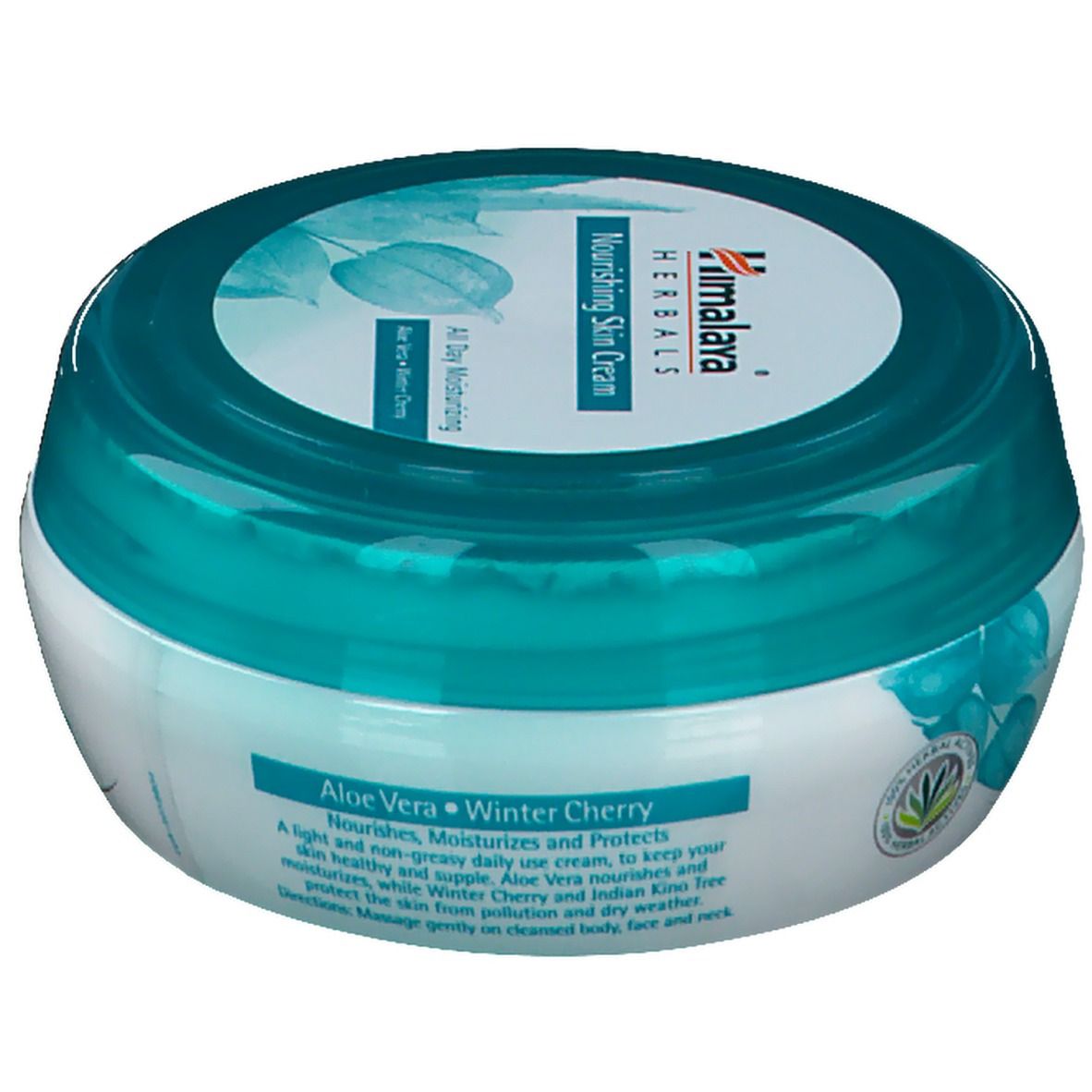 Pot rond avec couvercle bleu. Inscription : Himalaya Herbals Nourishing Skin Cream. Avec Aloe Vera et Winter Cherry. Texte sur les ingrédients.