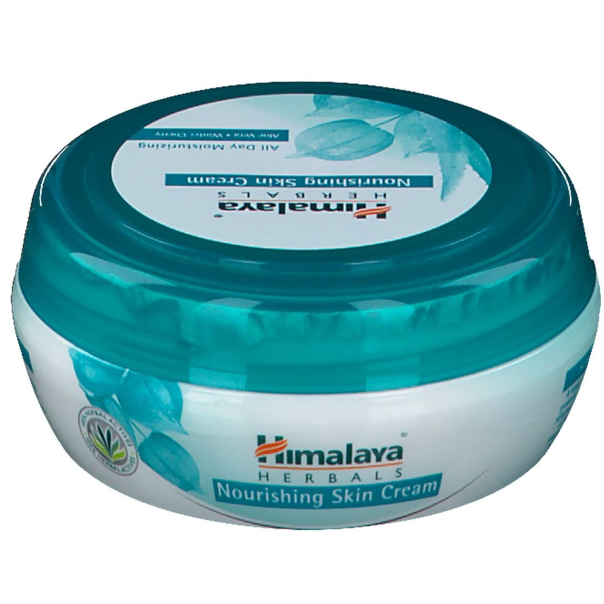 Pot rond avec couvercle bleu. Inscription : Himalaya Herbals Nourishing Skin Cream. Avec Aloe Vera et Winter Cherry.