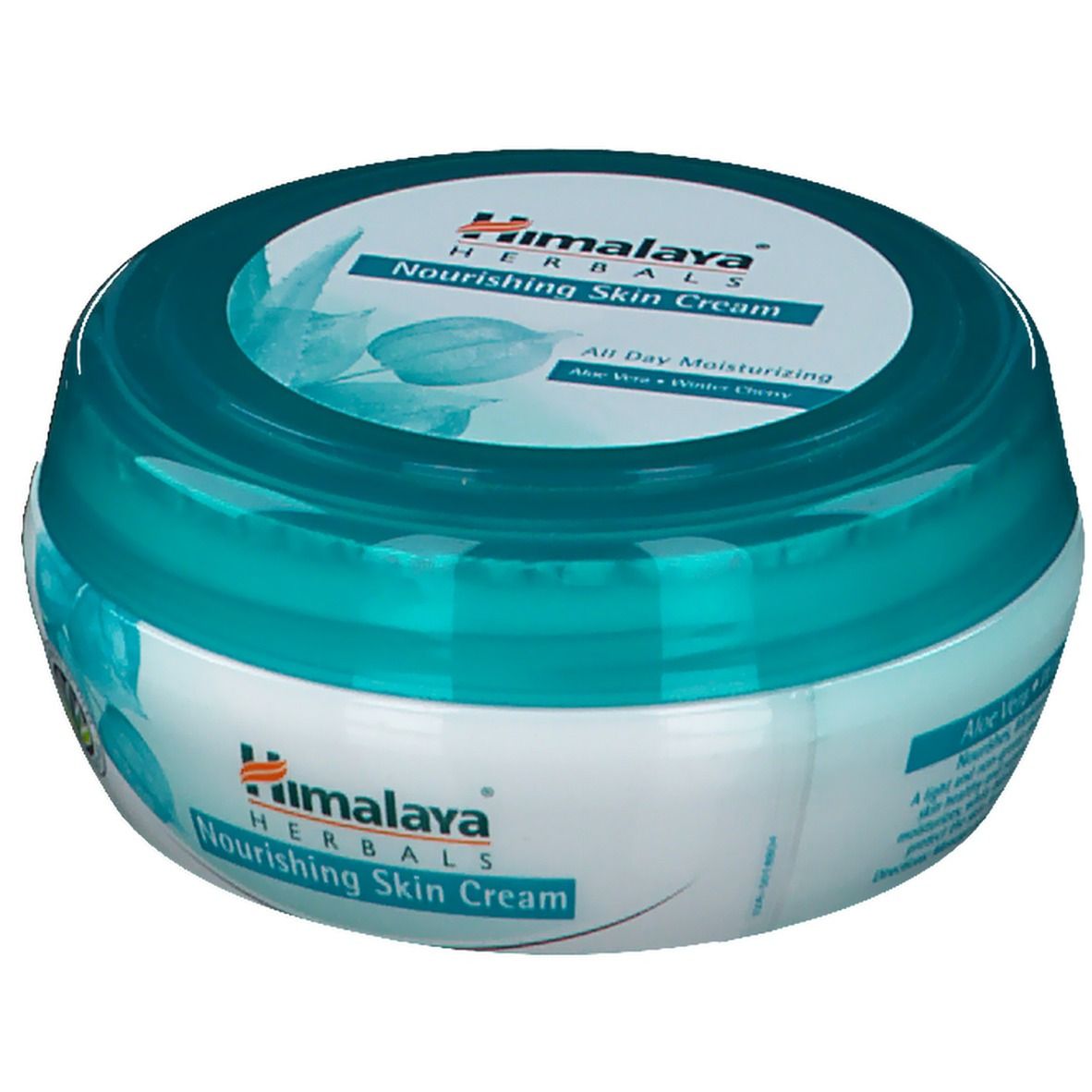 Pot rond avec couvercle bleu. Inscription : Himalaya Herbals Nourishing Skin Cream. Avec Aloe Vera et Winter Cherry.