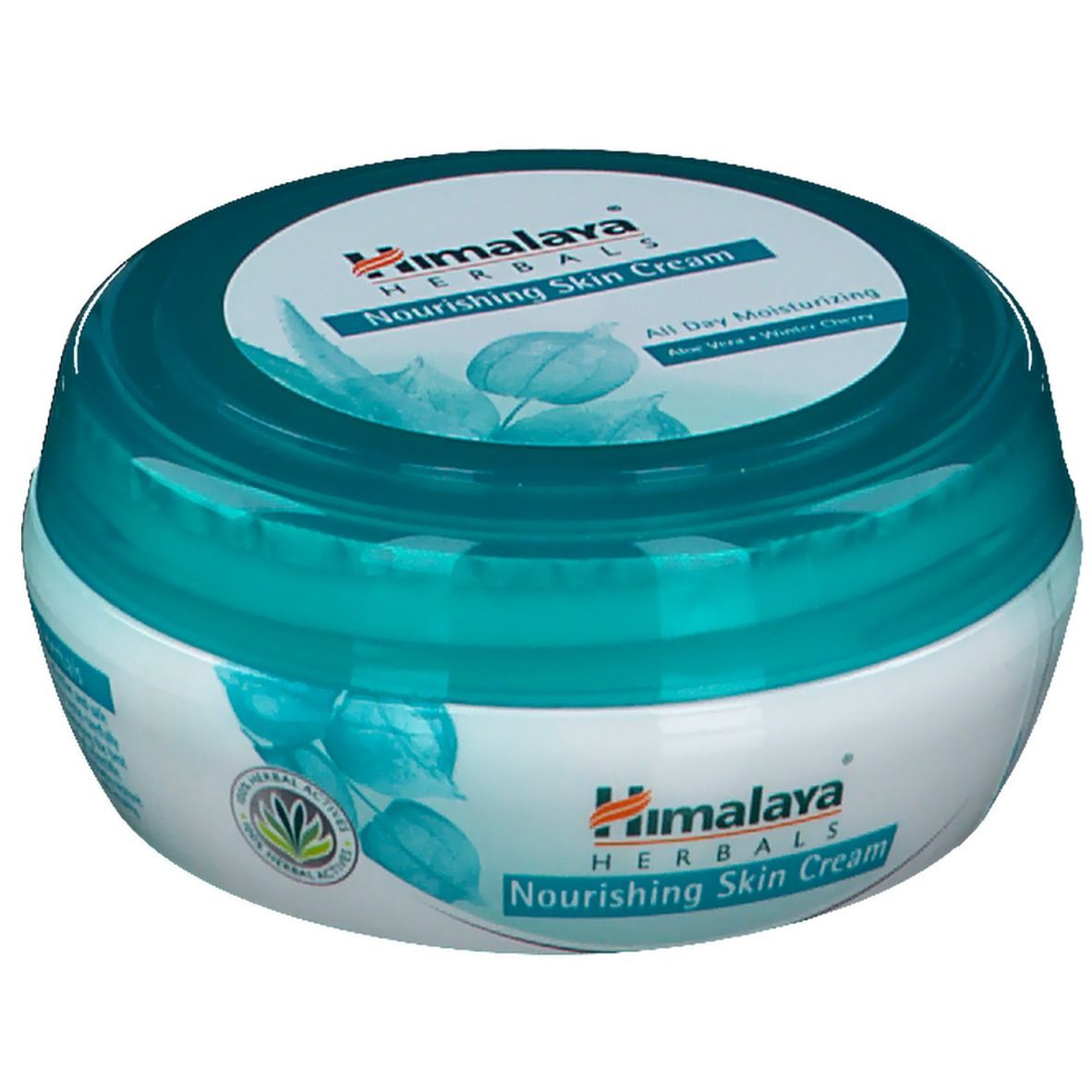 Pot rond avec couvercle bleu. Inscription : Himalaya Herbals Nourishing Skin Cream. Avec Aloe Vera et Winter Cherry.