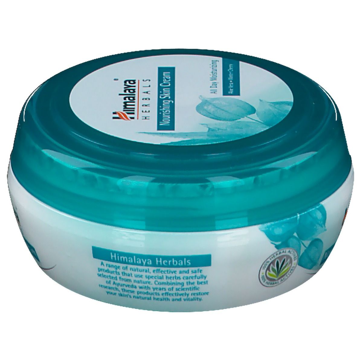 Pot rond avec couvercle bleu. Inscription : Himalaya Herbals Nourishing Skin Cream. Texte sur les ingrédients et les herbes.