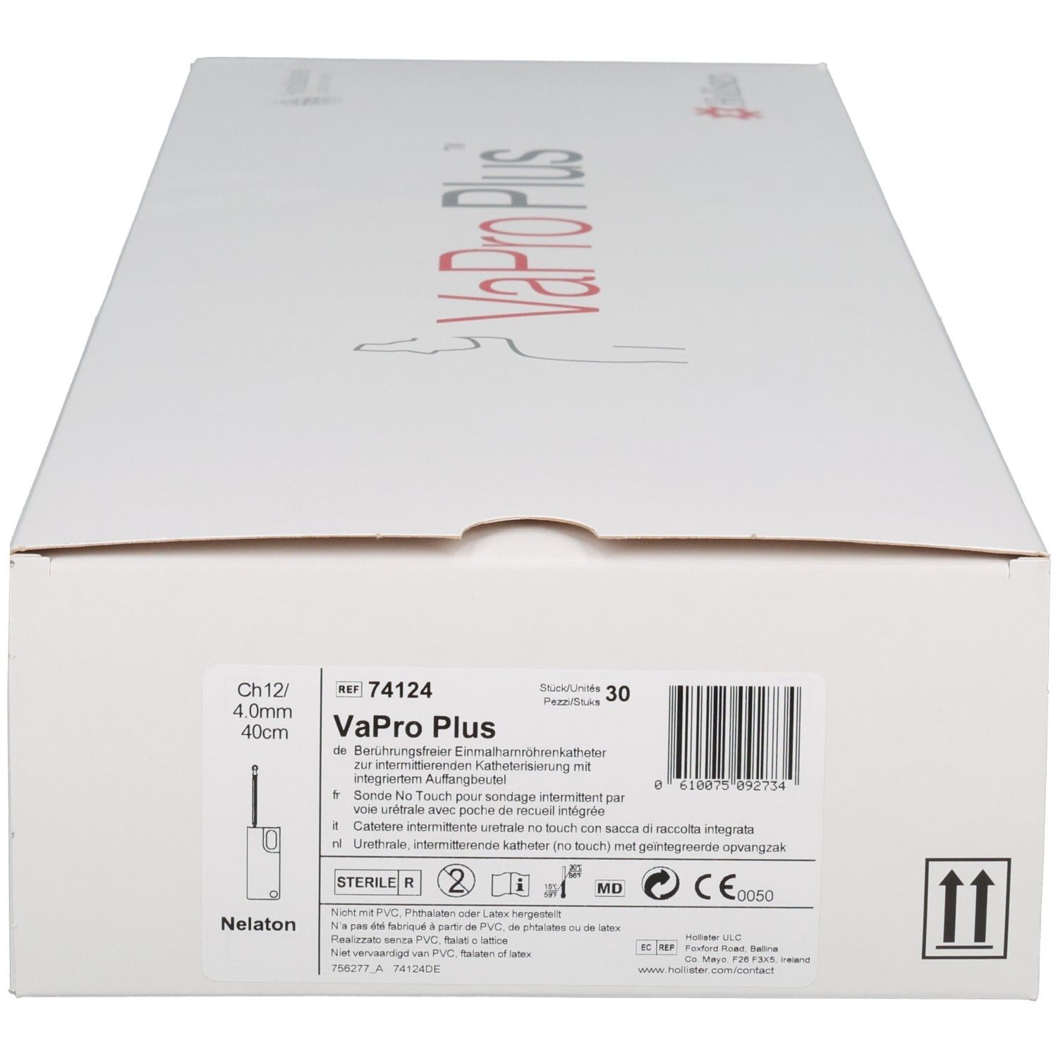 Emballage blanc avec nom du produit VaPro Plus et informations. Inscription : CH12/4.0mm/40cm, Nelaton, marquage CE.