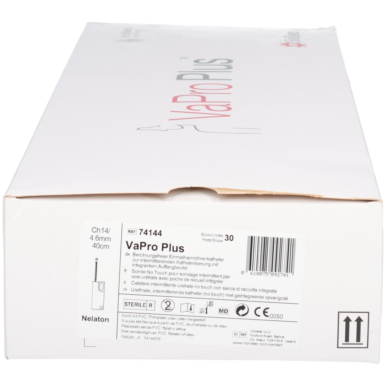 Emballage du cathéter Hollister VaPro Plus avec numéro d'article, taille et marquage CE.