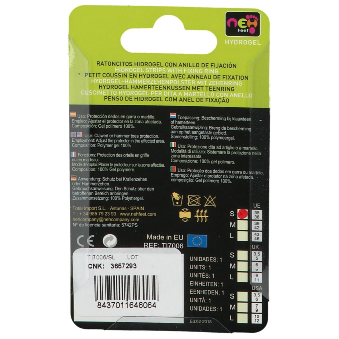 NEH Feet Hydrogel Coussin Orteil Gauche Taille 35-38
