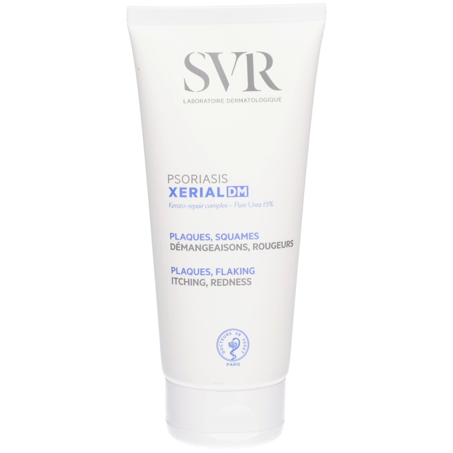 Tube blanc SVR XERIAL DM Psoriasis. Inscription: Plaques, Squames, Démangeaisons, Rougeurs. Logo dermatologique.