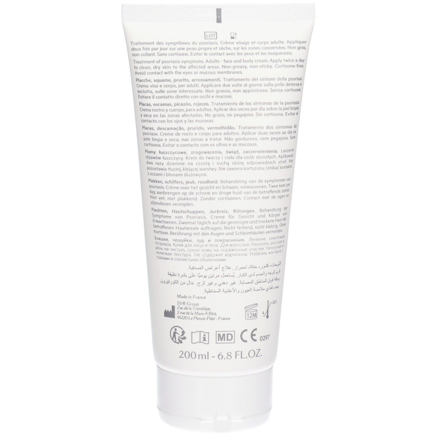 Dos du tube. Texte multilingue. Instructions d'utilisation et ingrédients. Volume: 200ml.