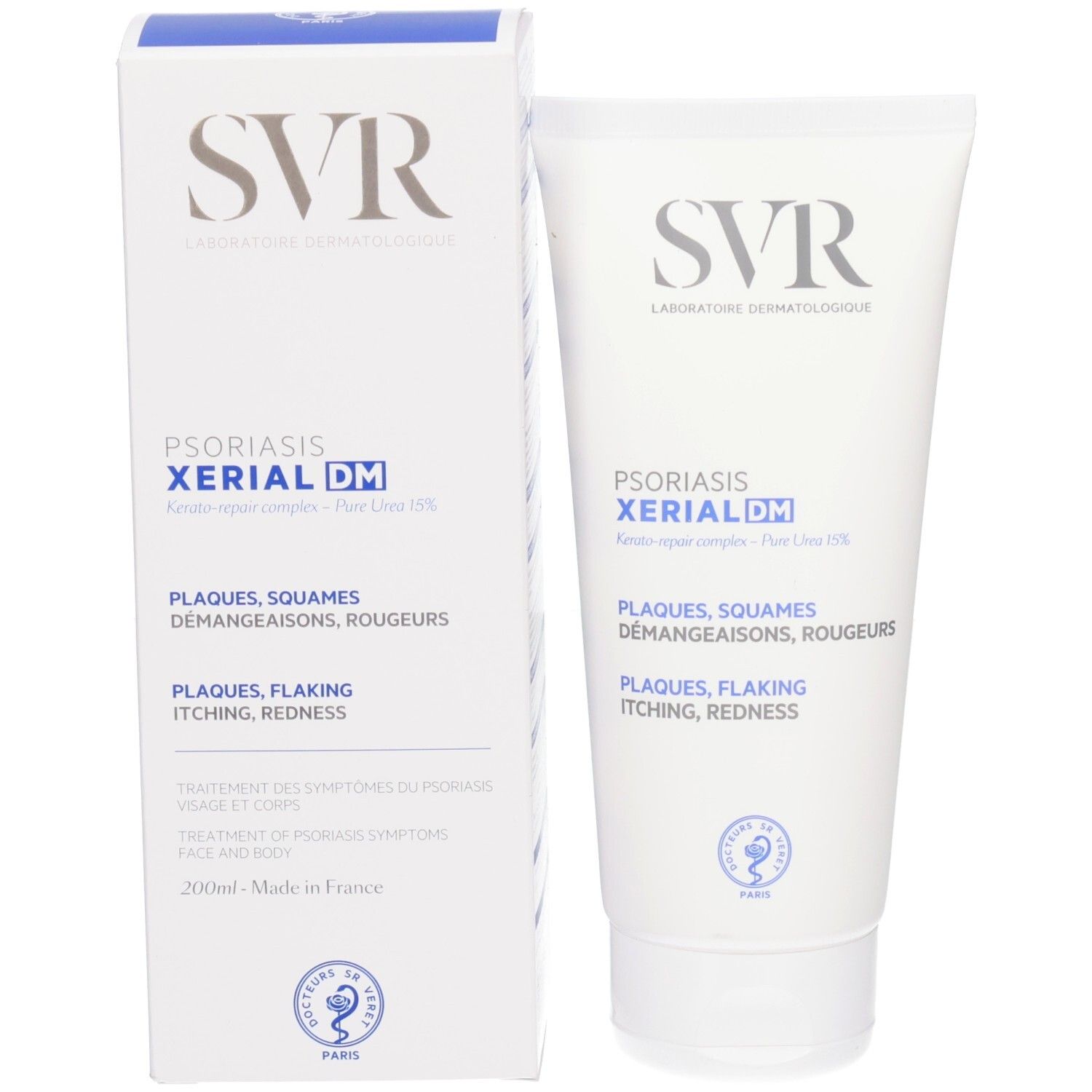 Produit et emballage. Tube et boîte blancs SVR XERIAL DM Psoriasis. Texte: Plaques, Squames, Démangeaisons, Rougeurs.