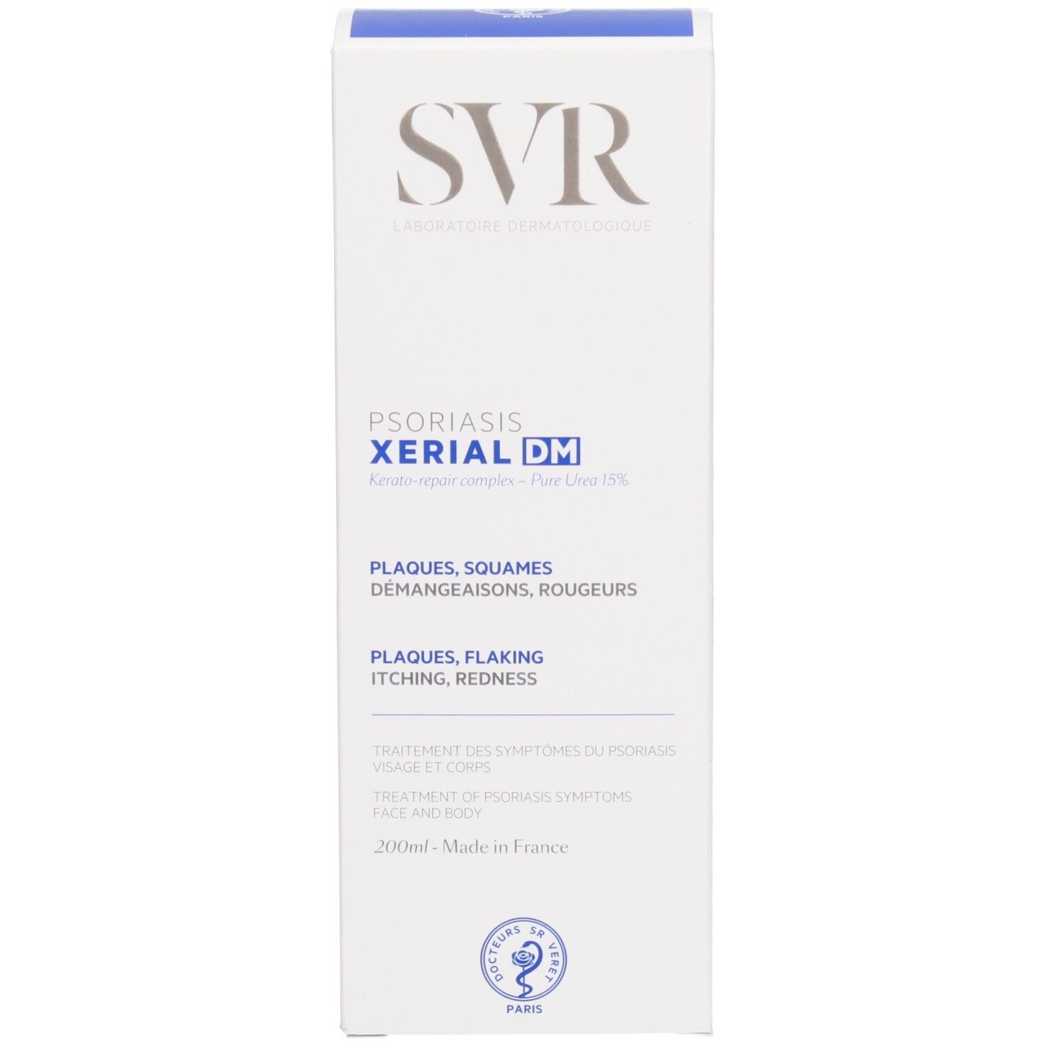Boîte blanche SVR XERIAL DM Psoriasis. Inscription: Plaques, Squames, Démangeaisons, Rougeurs. Logo dermatologique.