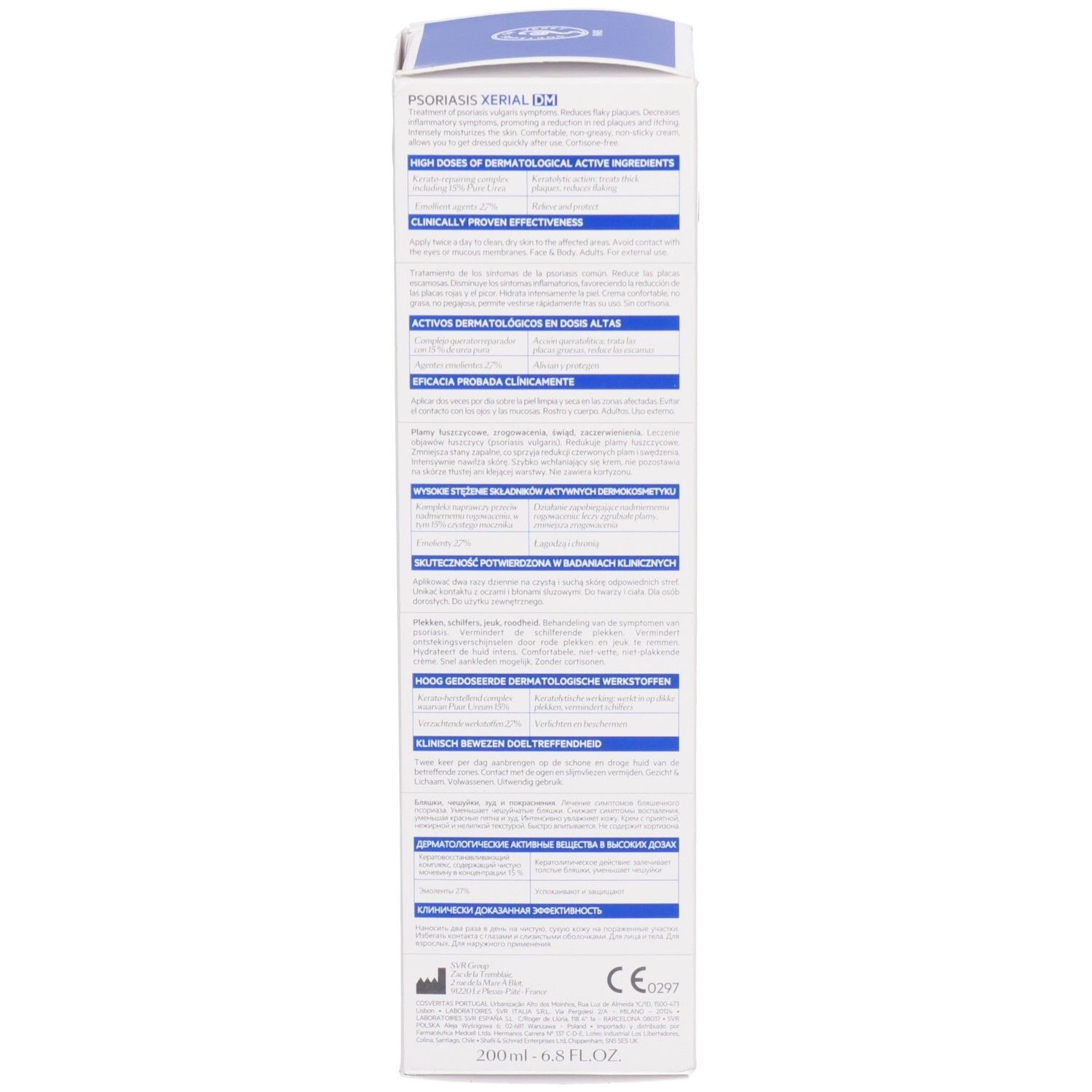 Boîte avec texte multilingue. Informations sur les ingrédients et l'efficacité. Volume: 200ml.