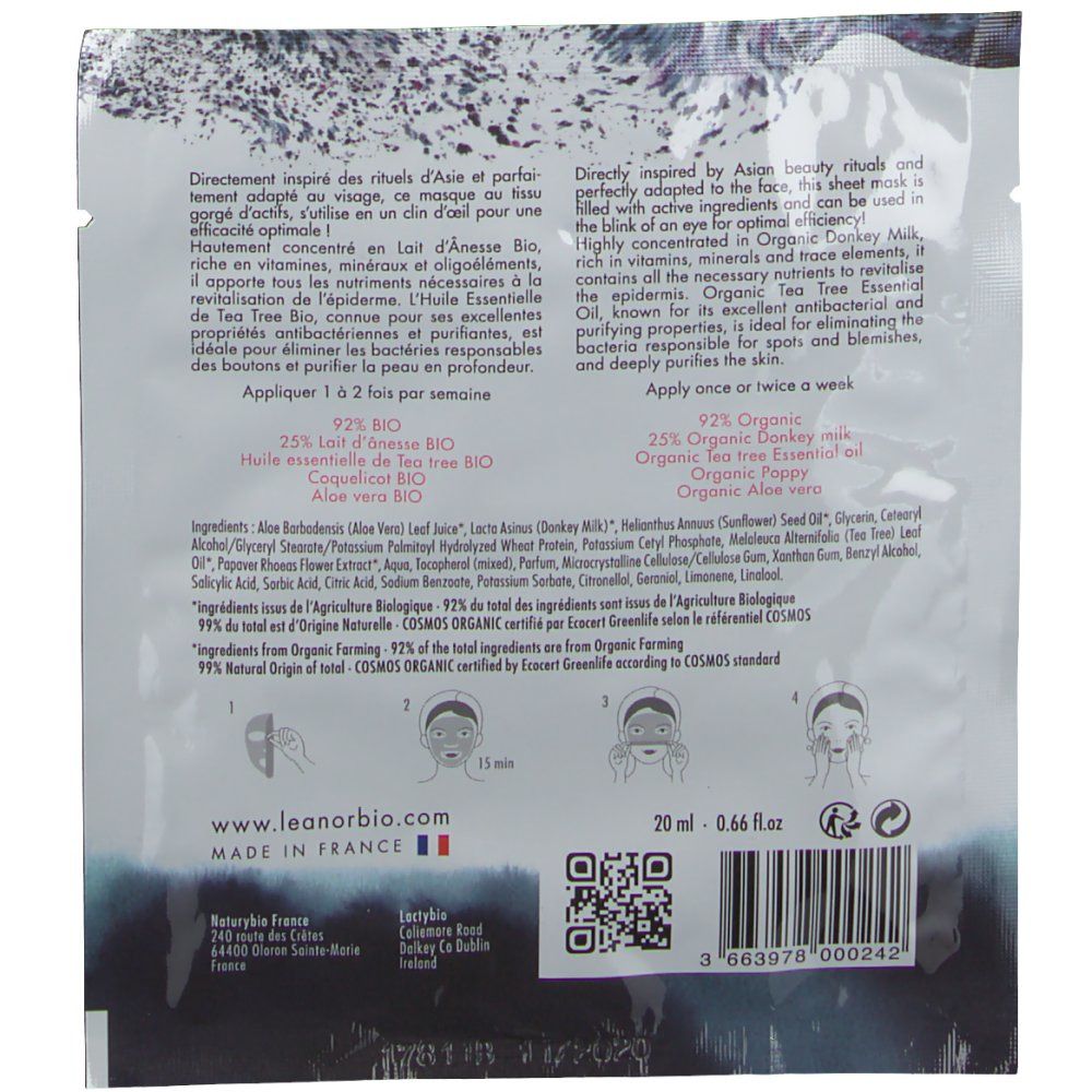 LeanorBio Rayonnante Masque Seconde Peau Sublime Pureté au Lait d'Ânesse