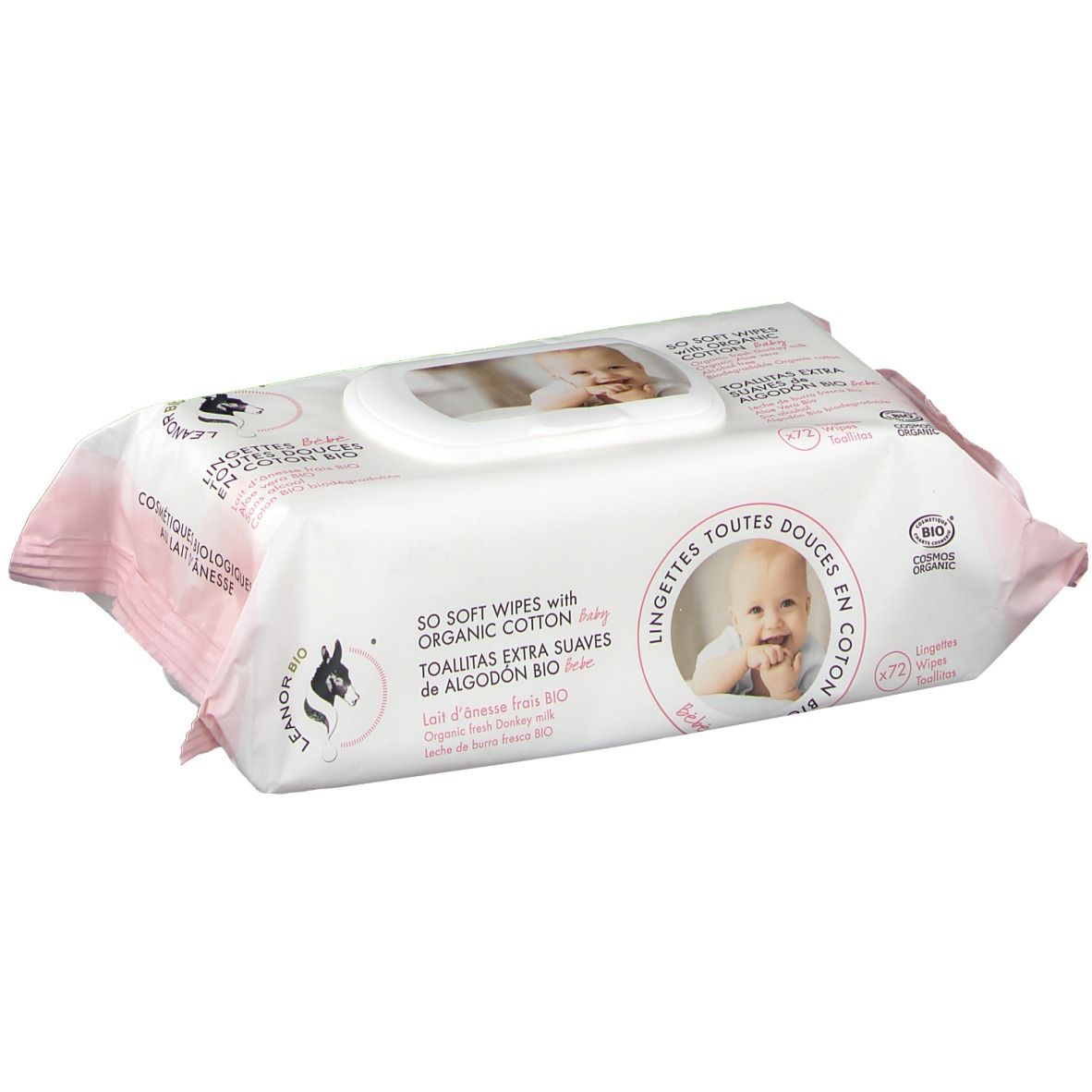 Paquet de lingettes avec photo de bébé, logo LEANORBIO, texte: 50 Soft Wipes with Organic Cotton.