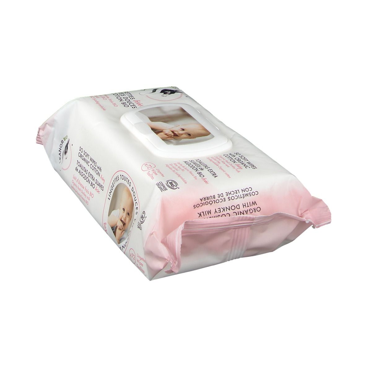 Paquet de lingettes, logo LEANORBIO, texte: Organic Cotton with Donkey Milk, photo de bébé, accents roses.