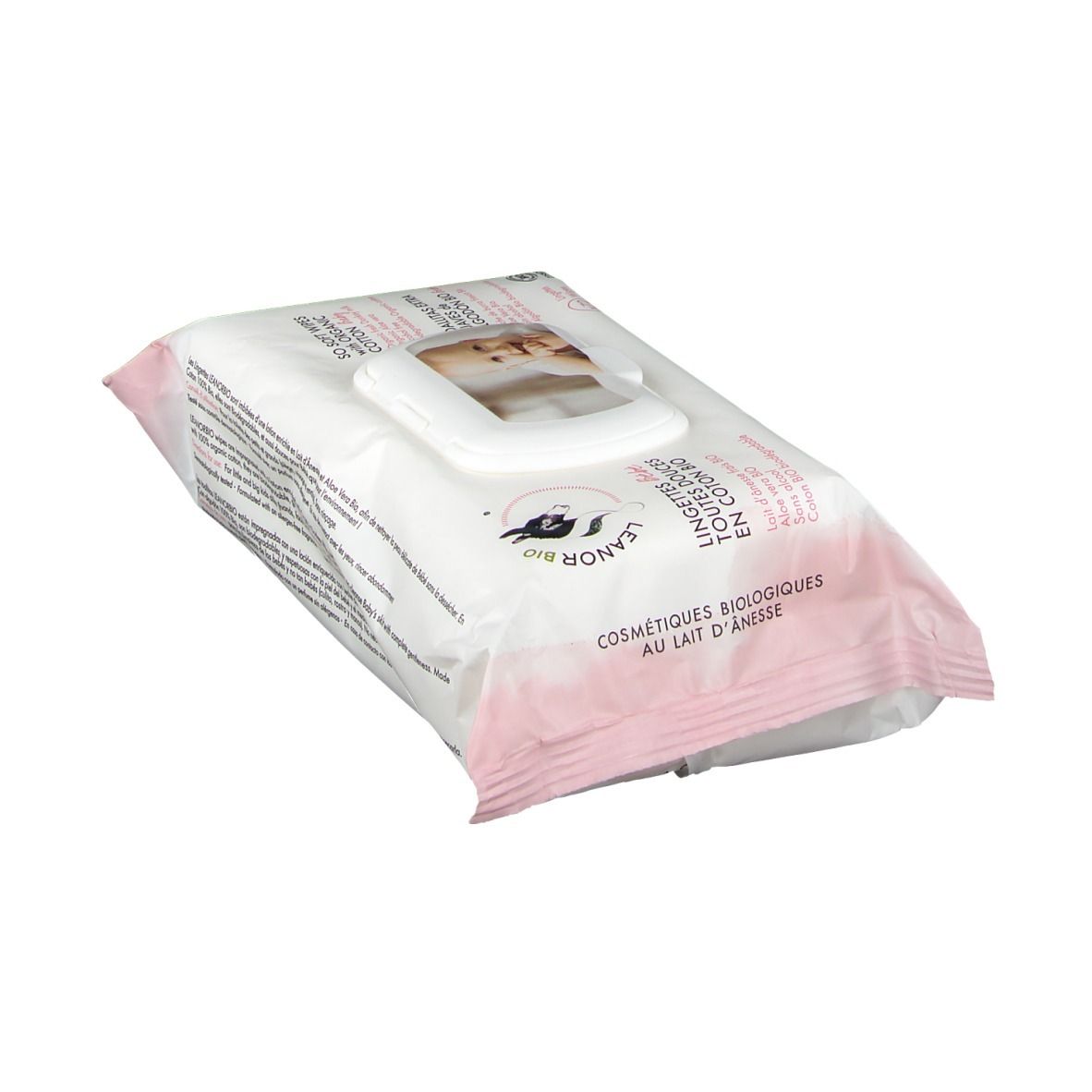 Paquet de lingettes, logo LEANORBIO, texte: Cosmetiques Biologiques au Lait d'Anesse, accents roses.