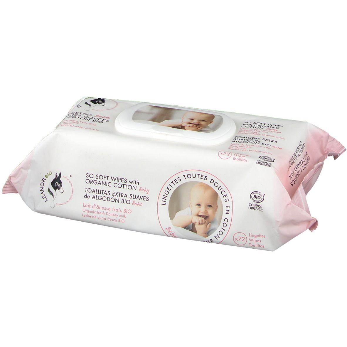 Paquet de lingettes, logo LEANORBIO, texte: 50 Soft Wipes with Organic Cotton, photo de bébé, accents roses.