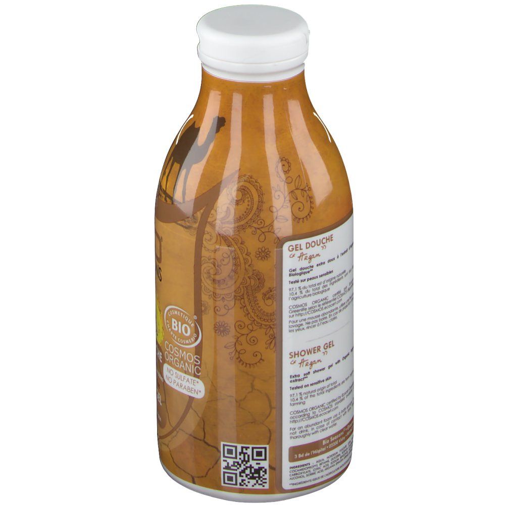 Flacon marron avec bouchon blanc. Inscription Gel Douche Arganöl. Certification Bio. Code QR.