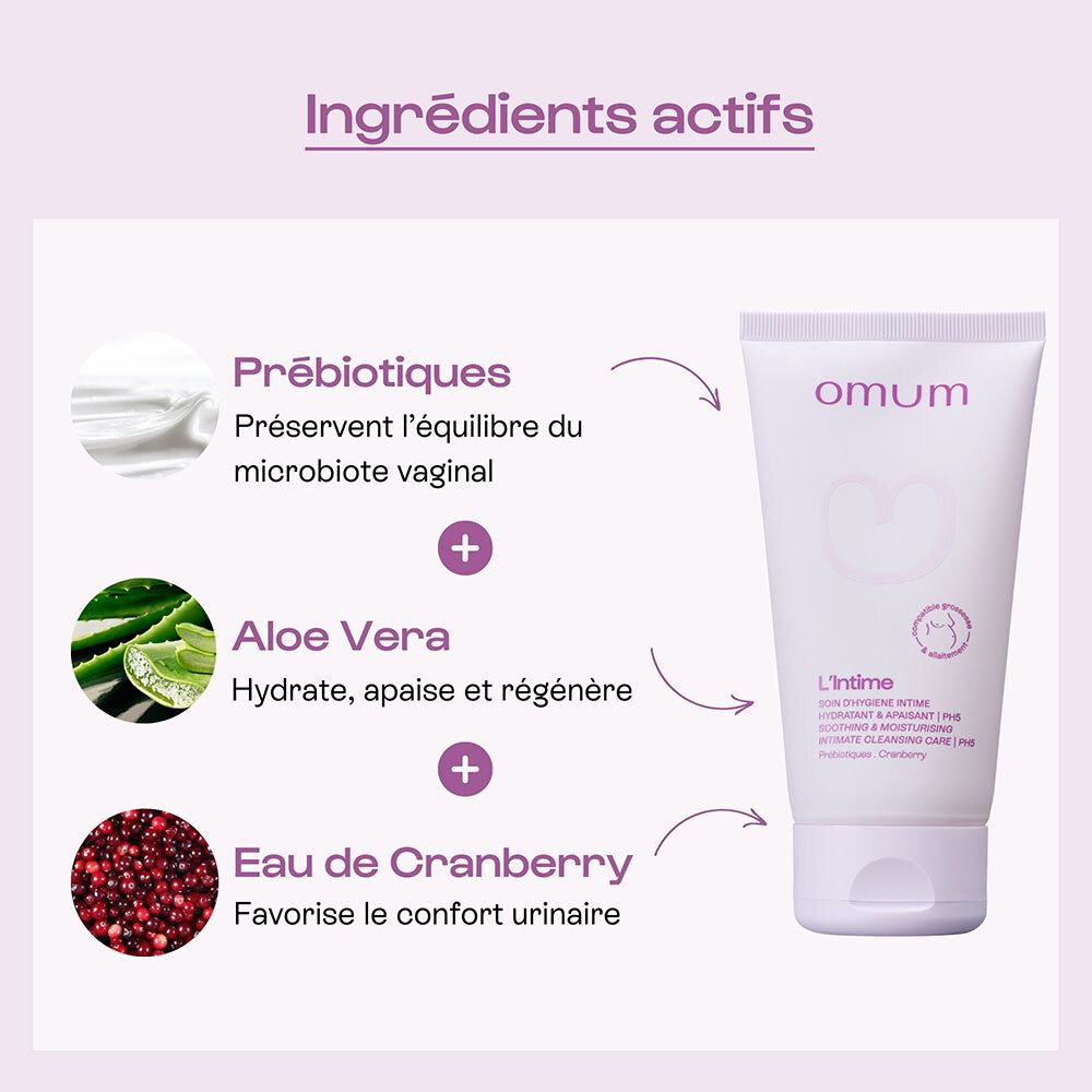 Texte: Ingrédients actifs: prébiotiques, aloe vera, cranberry. Tube 'L'intime'.