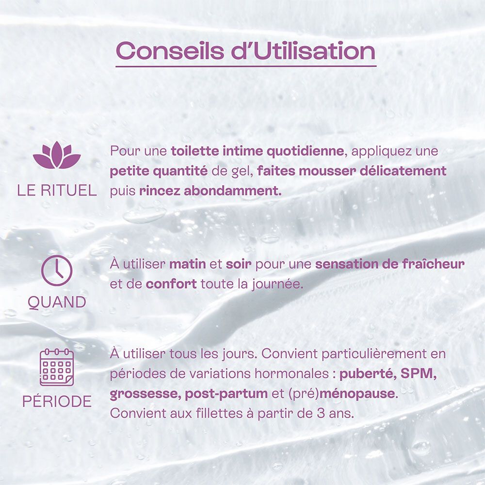 Texte: Conseils d'utilisation. Utiliser matin et soir. Convient aux phases hormonales.