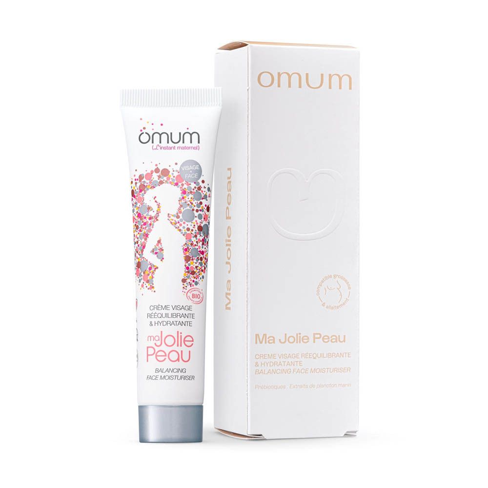 Emballage du produit avec tube de crème et boîte. Les deux affichent le nom du produit, le logo et le design avec une femme enceinte.
