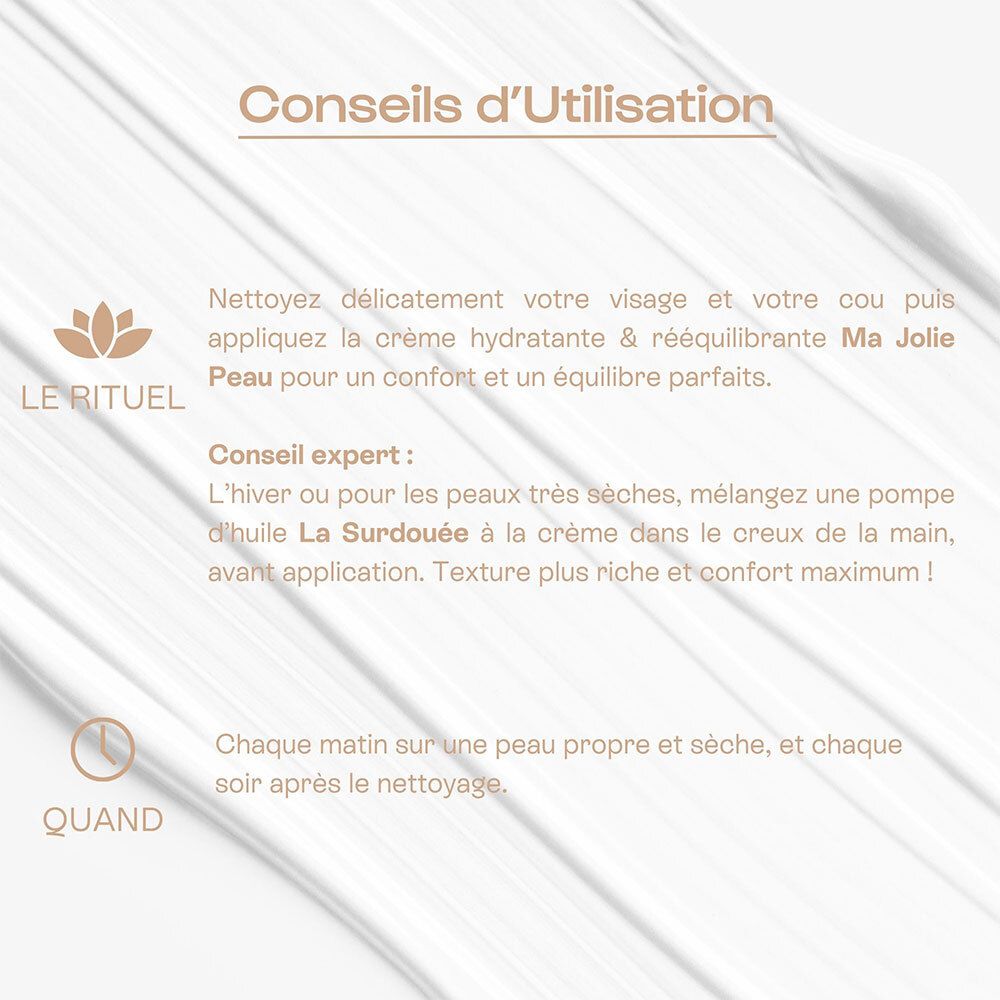 Texte : Nettoyez visage et cou. Appliquez crème. Expert : Mélangez huile. Matin et soir.