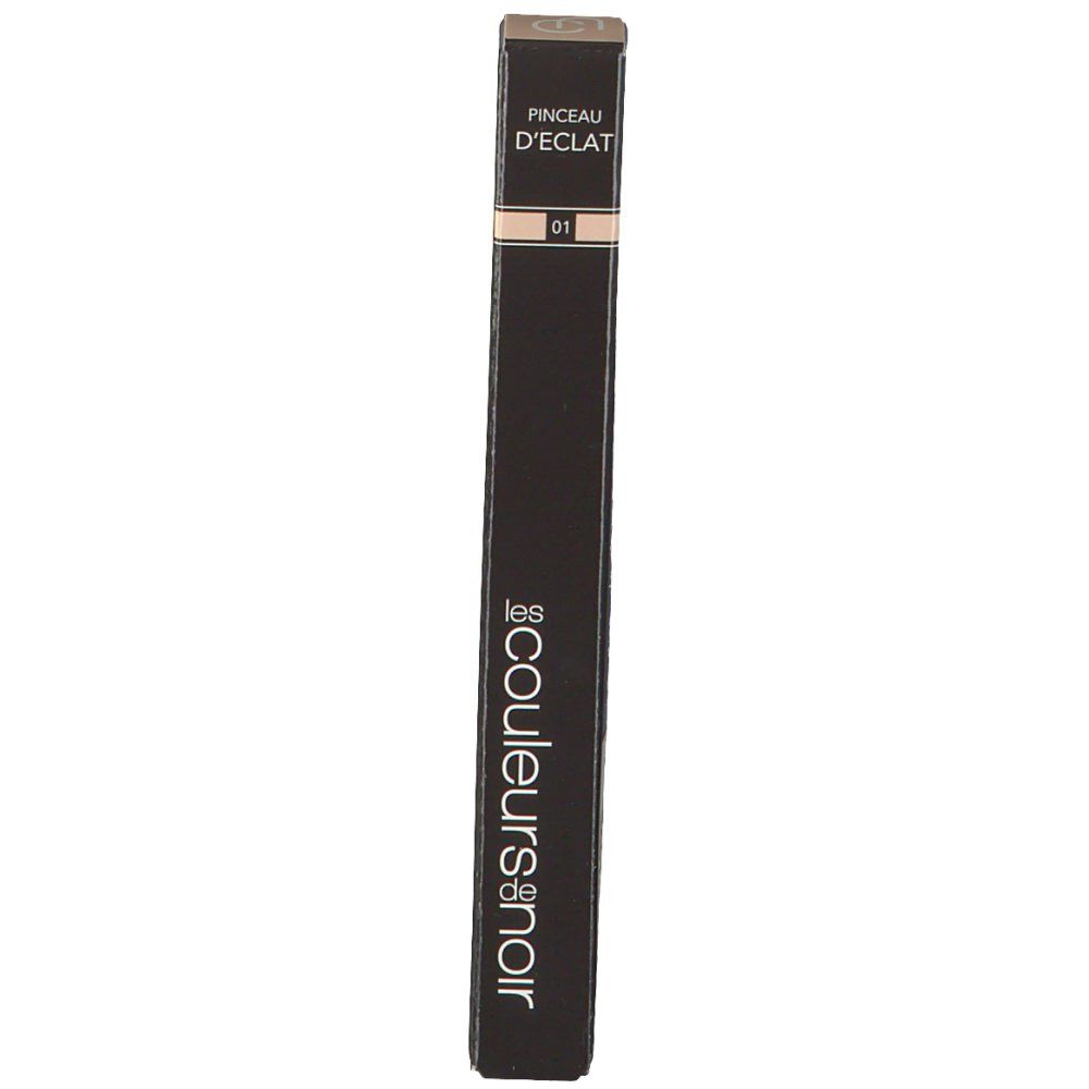 Emballage noir avec informations produit. Logo Les couleurs de noir. Pinceau d'éclat 01. Bande couleur beige.