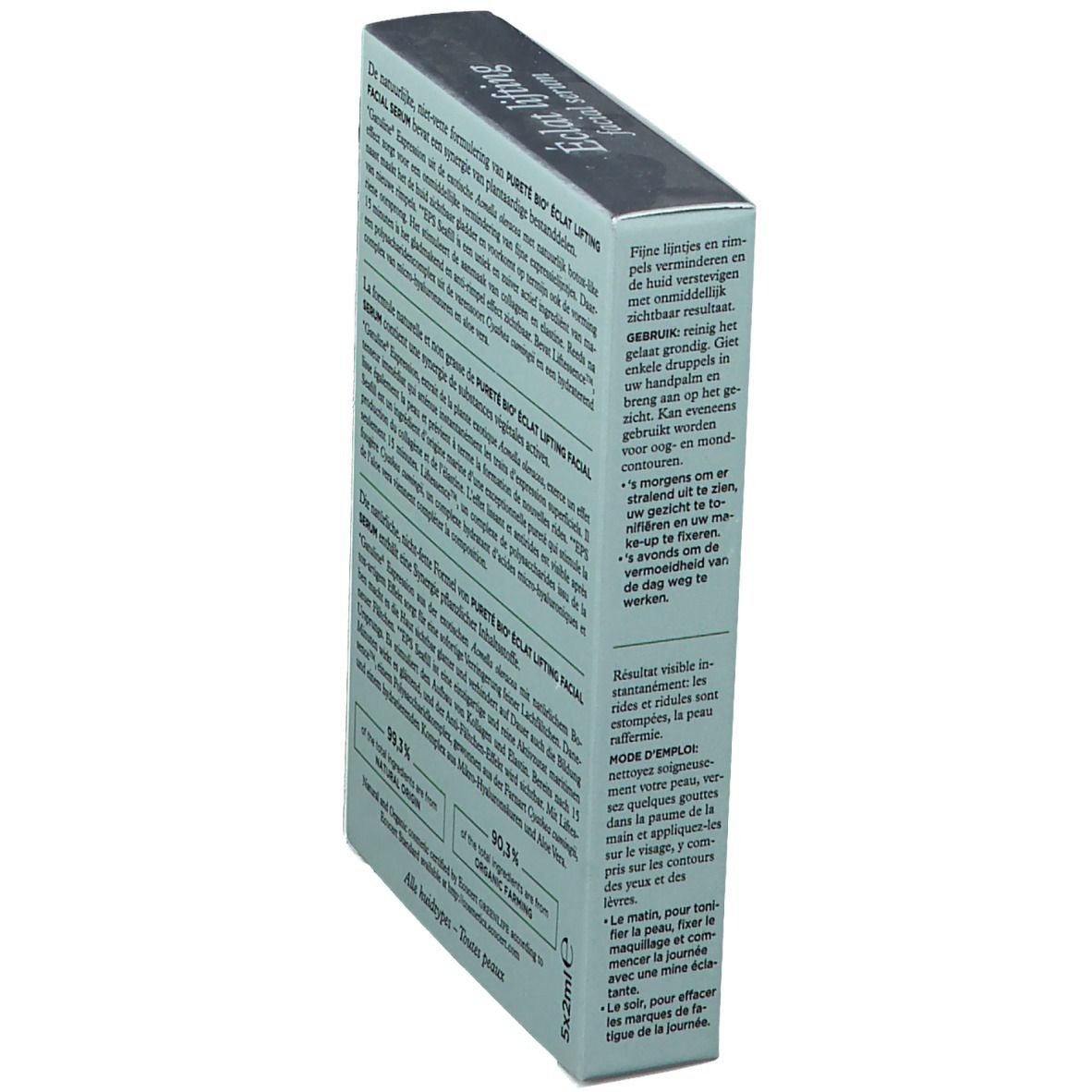 Boîte de sérum facial en biais. Nom du produit et informations imprimées. Certification bio.