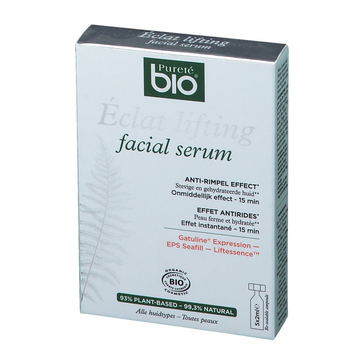 Boîte de sérum facial. Logo et nom du produit visibles. Certificat bio. Ingrédients et effets mentionnés.
