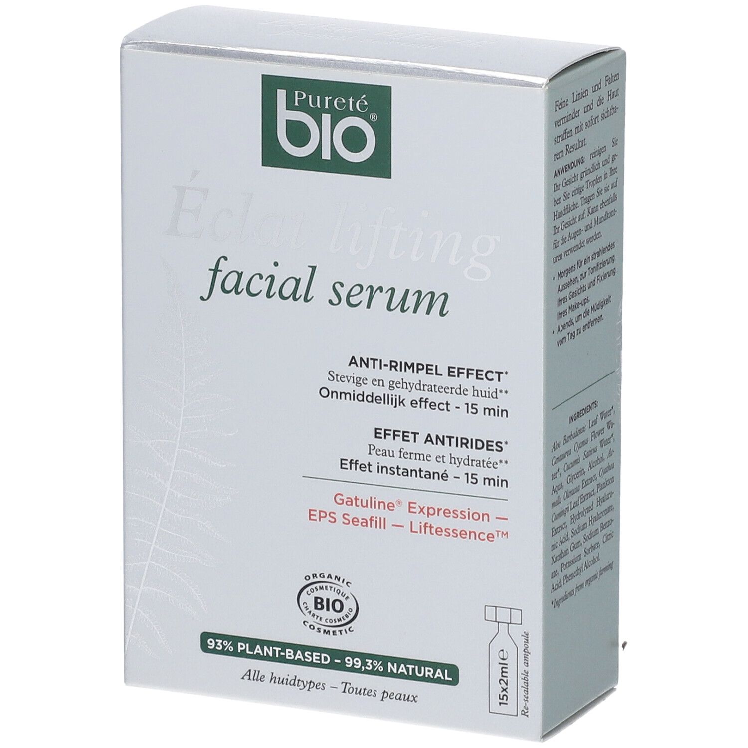 Boîte de sérum. Inscription: Pureté bio, Eclat lifting facial serum. Effet anti-rides. Ampoules 15x2ml.