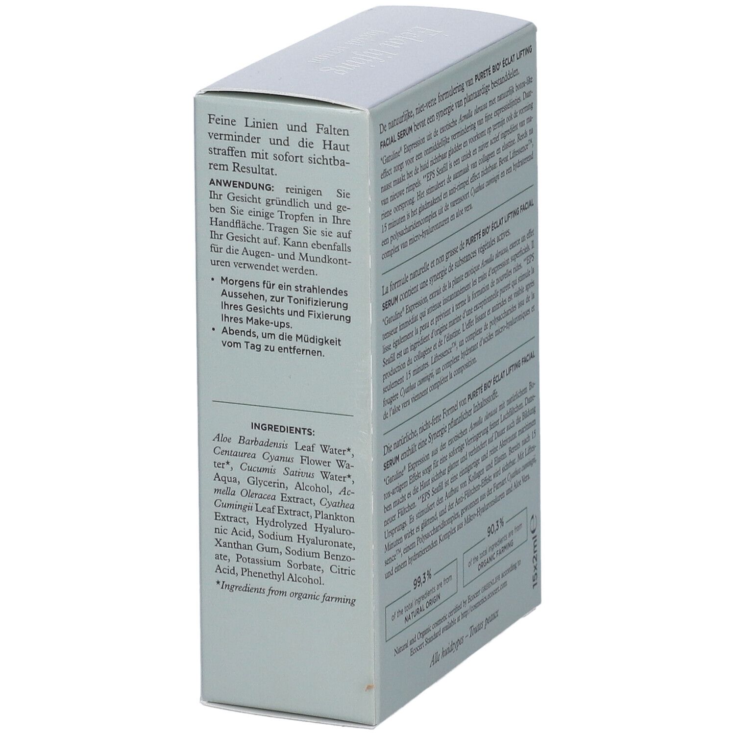 Boîte de sérum. Inscription: Pureté bio, Eclat lifting facial serum. Ingrédients. Ampoules 15x2ml.