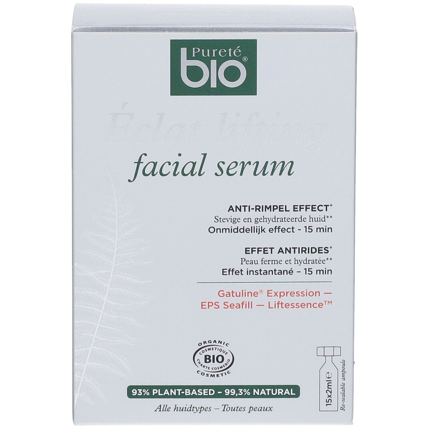 Boîte de sérum. Inscription: Pureté bio, Eclat lifting facial serum. Effet anti-rides. Ampoules 15x2ml.