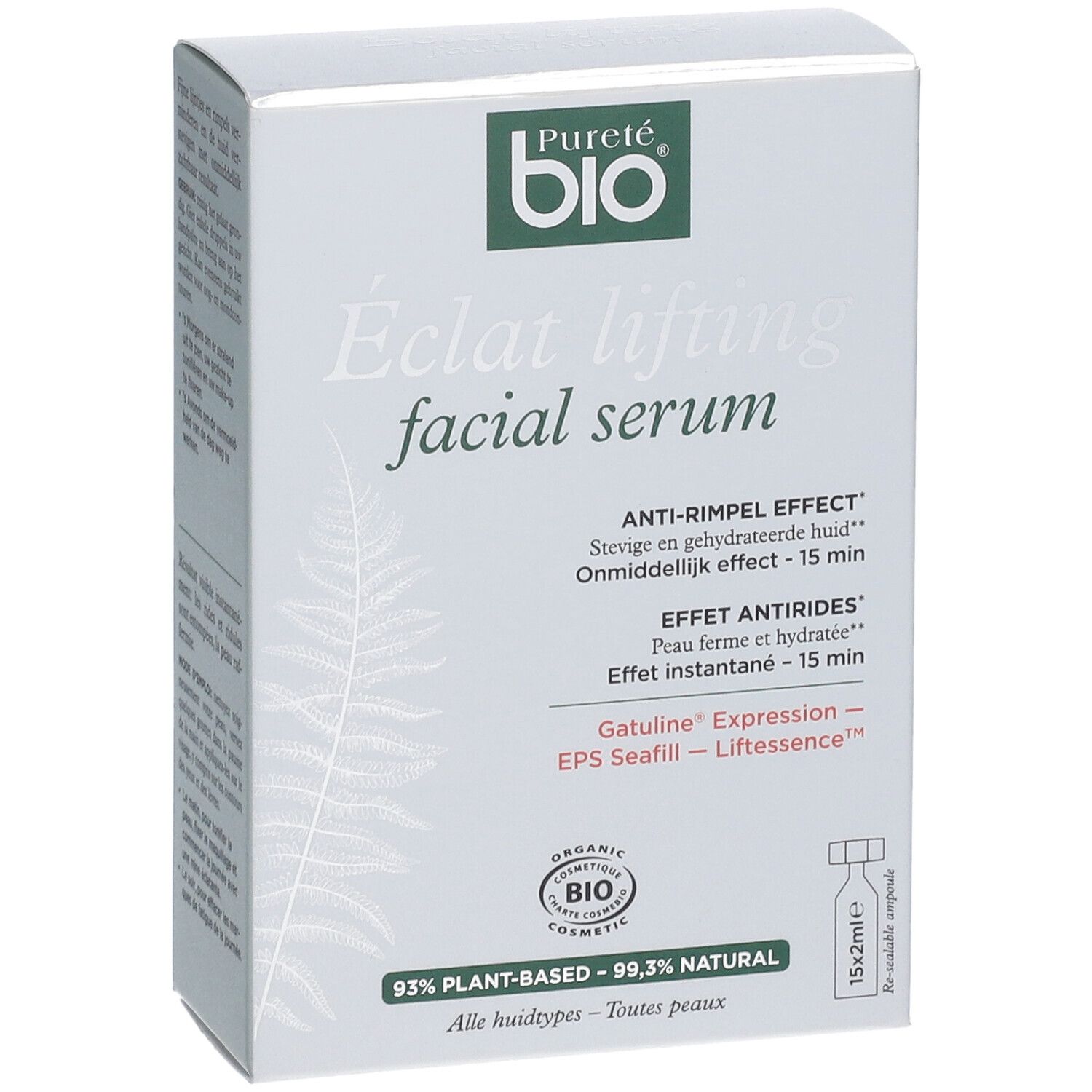 Boîte de sérum. Inscription: Pureté bio, Eclat lifting facial serum. Effet anti-rides. Ampoules 15x2ml.