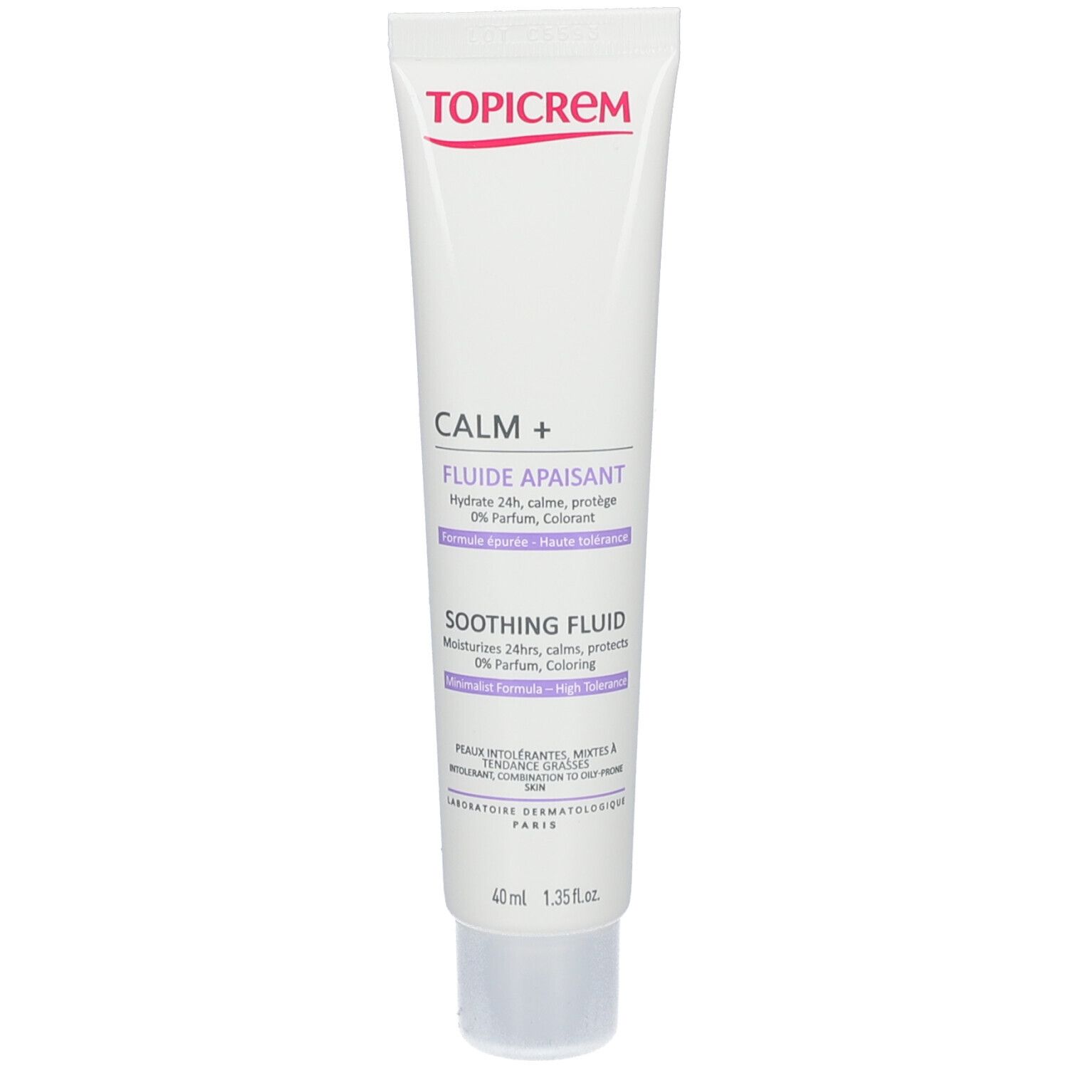 Tube blanche et violette TOPICREM CALM+. Contient 40 ml. Texte descriptif en français et anglais.