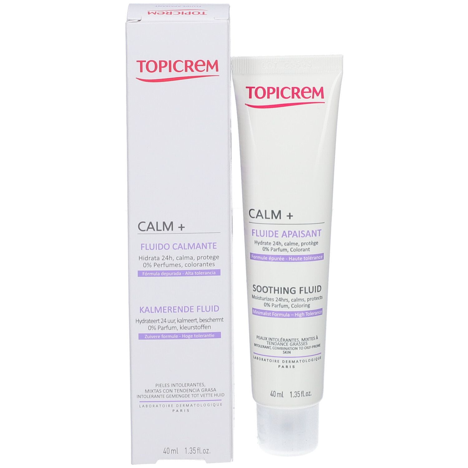 Emballage du produit avec tube et boîte. TOPICREM CALM+ sur les deux. Boîte avec texte en allemand et français.