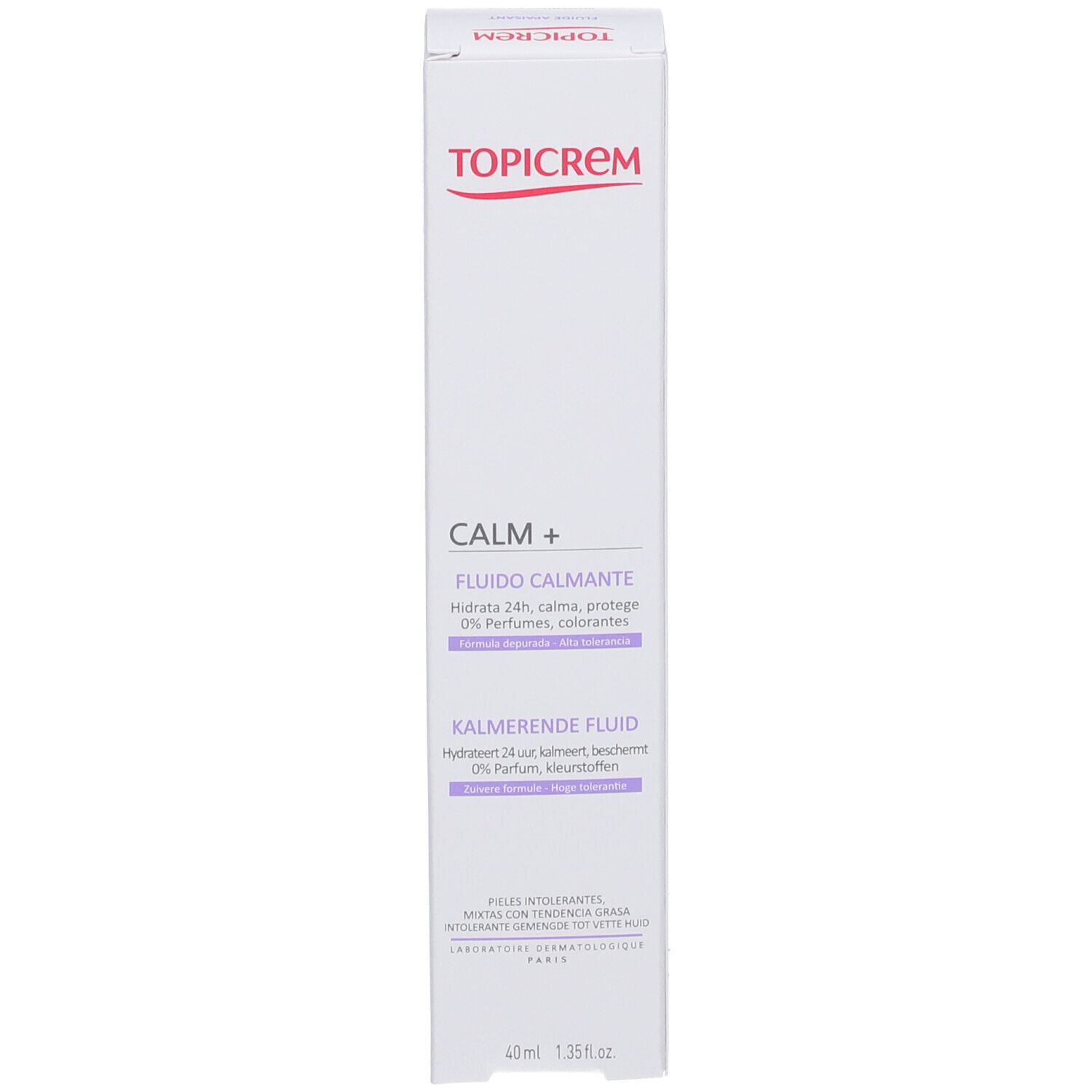 Emballage du produit avec boîte. TOPICREM CALM+ et texte en allemand et français. 40 ml.