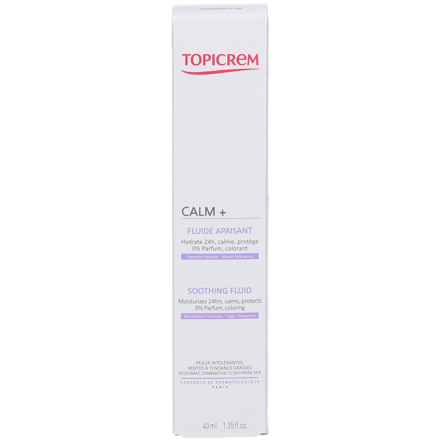 Emballage du produit avec boîte. TOPICREM CALM+ et texte en anglais et allemand. 40 ml.