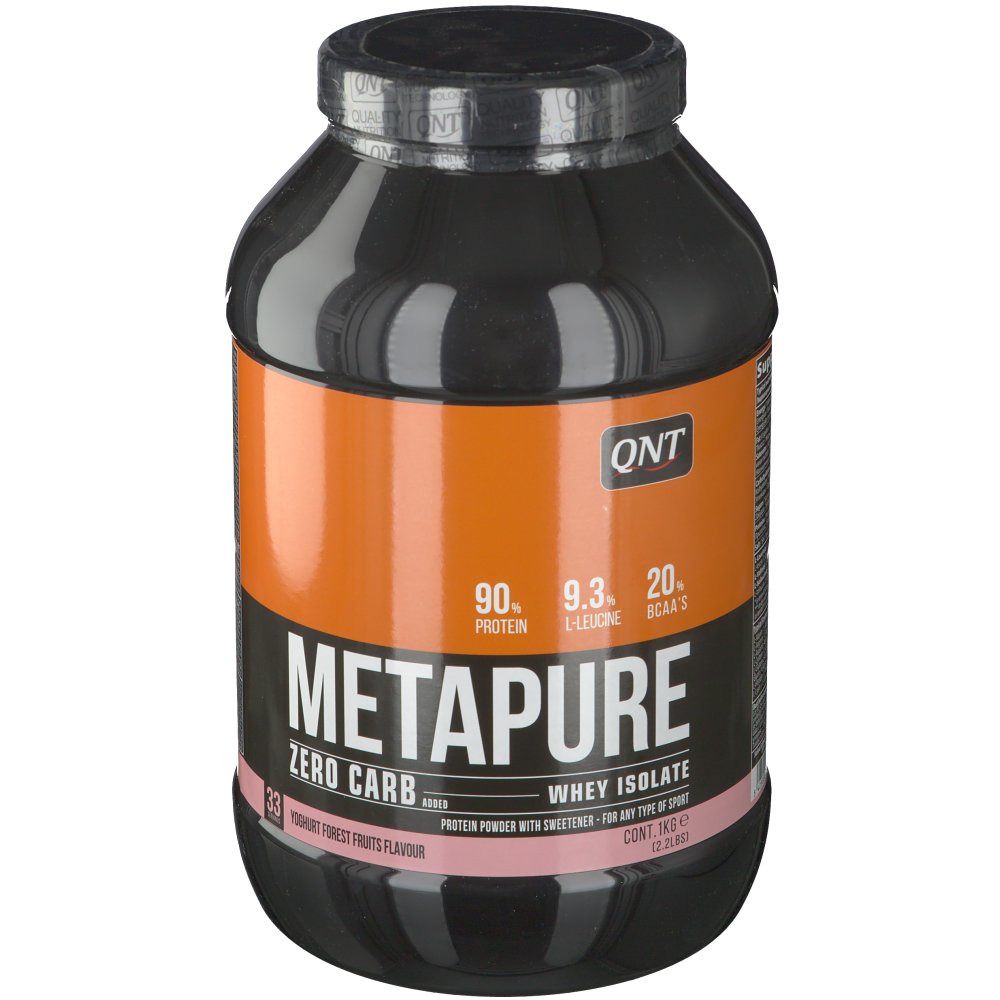 Boîte noire avec logo QNT et inscription METAPURE. Fond orange. Contient 90% de protéines, 9,3g d'EAA et 20g de BCAA.