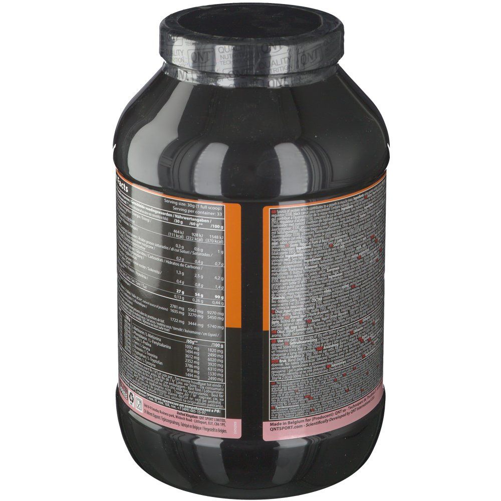 Dos d'une boîte noire avec informations nutritionnelles. Bande orange. Contient des informations sur les ingrédients et les valeurs nutritionnelles.