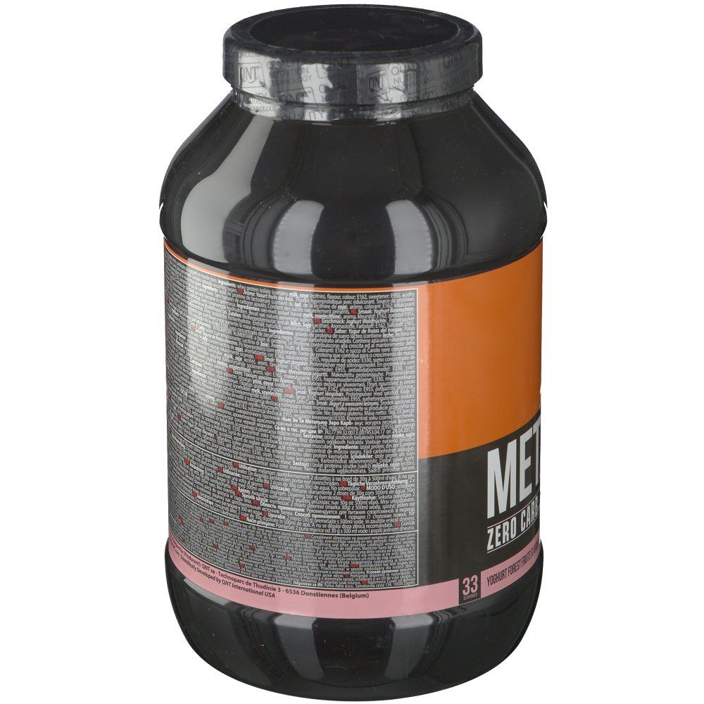 Dos d'une boîte noire avec informations nutritionnelles. Bande rose en bas. Contient des informations sur les ingrédients.