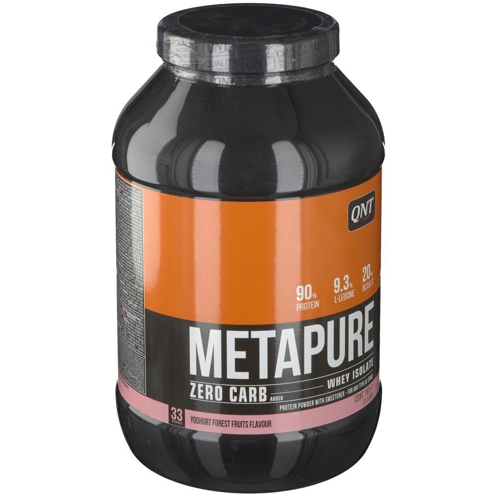 Boîte noire avec logo QNT et inscription METAPURE. Fond orange. Contient 90% de protéines, 9,3g d'EAA et 20g de BCAA.