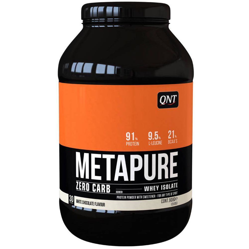 Pot noir avec saveur chocolat blanc. Bande orange avec texte: METAPURE Zero Carb, Whey Isolate. Logo QNT.