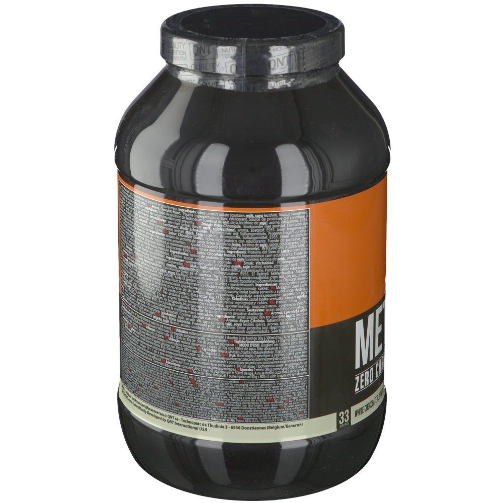 Pot noir, dos avec texte. Bande orange. Couvercle scellé. Texte: METAPURE Zero Carb, Whey Isolate.