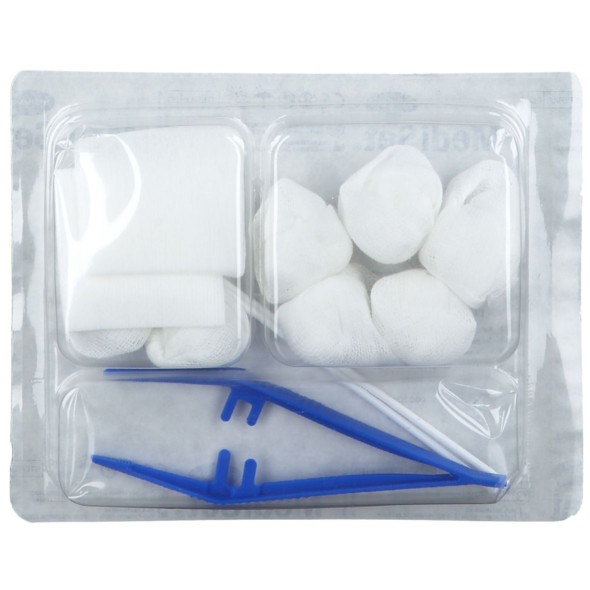 Hartmann Mediset avec tampons, compresses et pince dans un plateau plastique transparent. Emballage stérile.